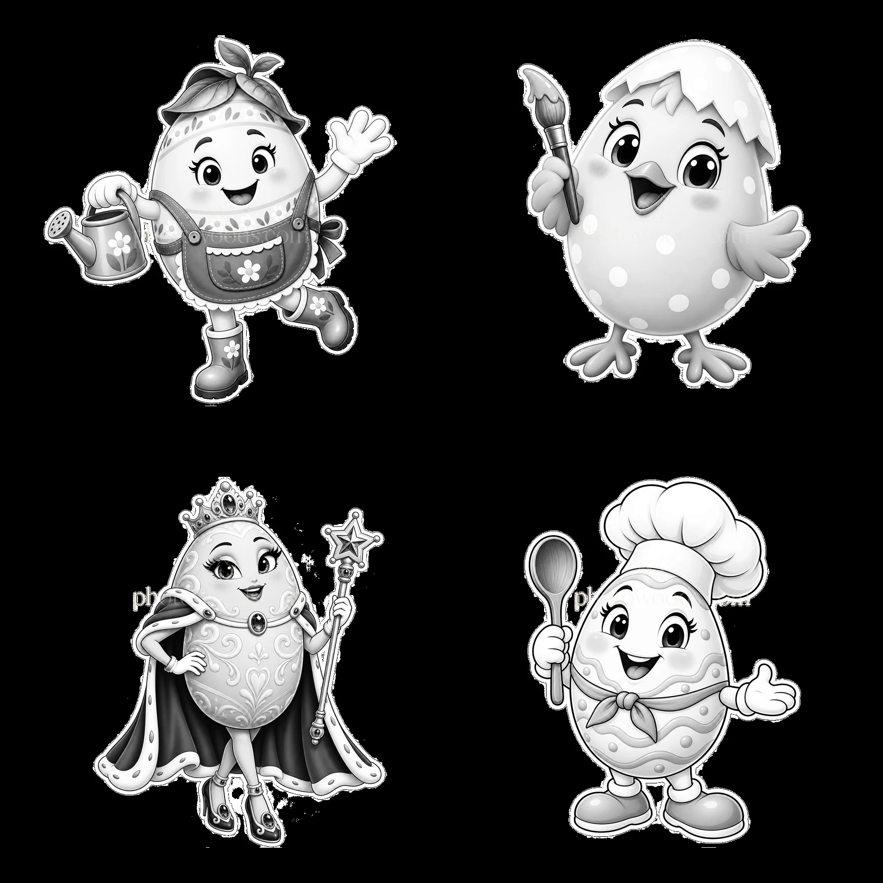 Monochrome four cartoon figure stickers in a square arrangement - AI-generated stock image