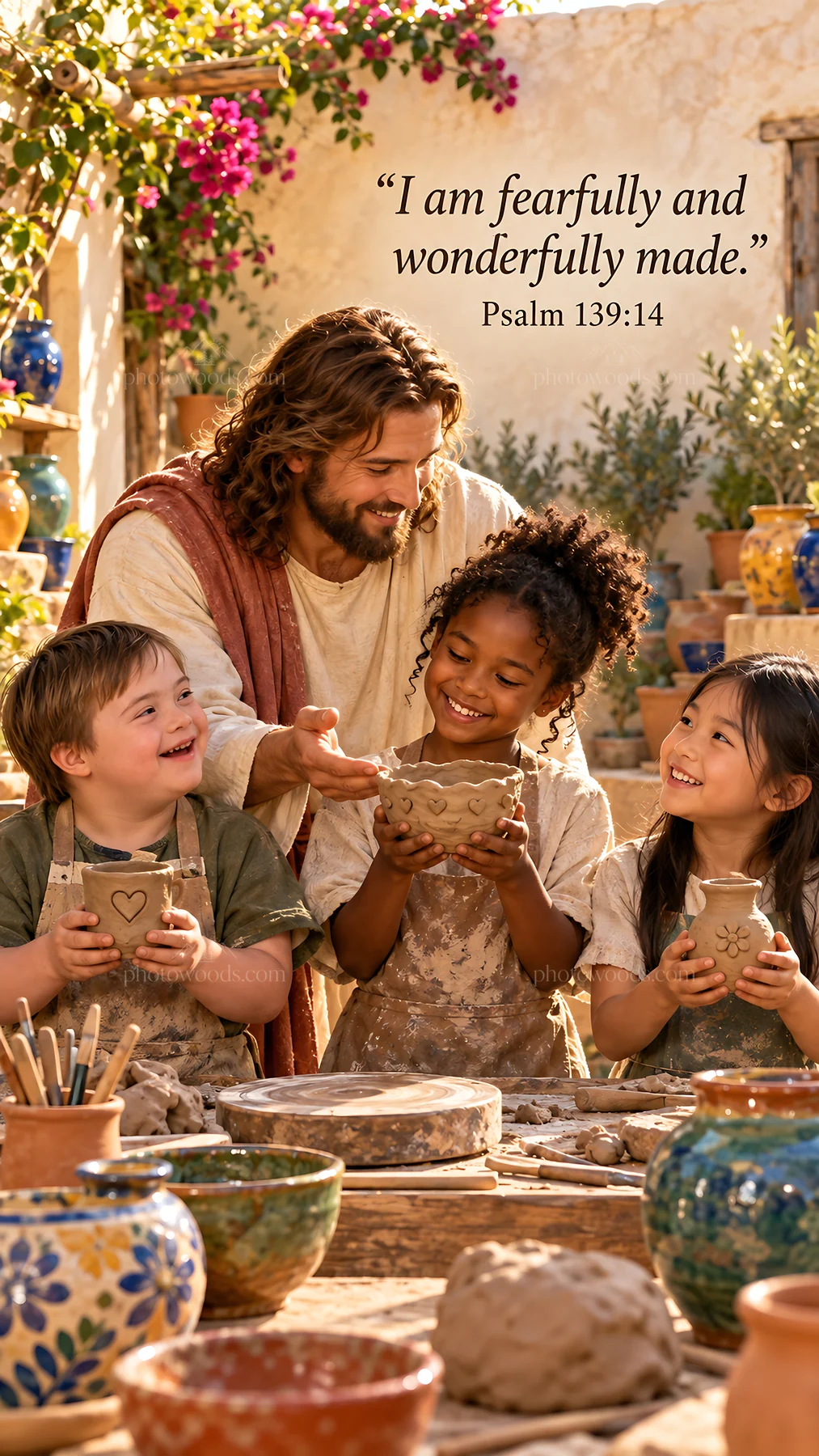 Jesus Christ teaching children about creation and joy - AI-generated stock image