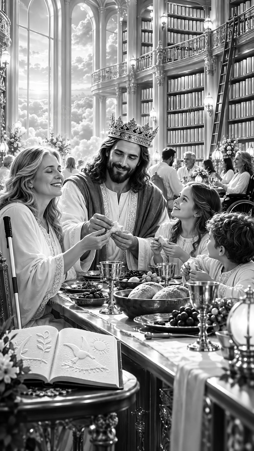 Jesus Christ sharing a meal with people in a grand setting - AI-generated stock image