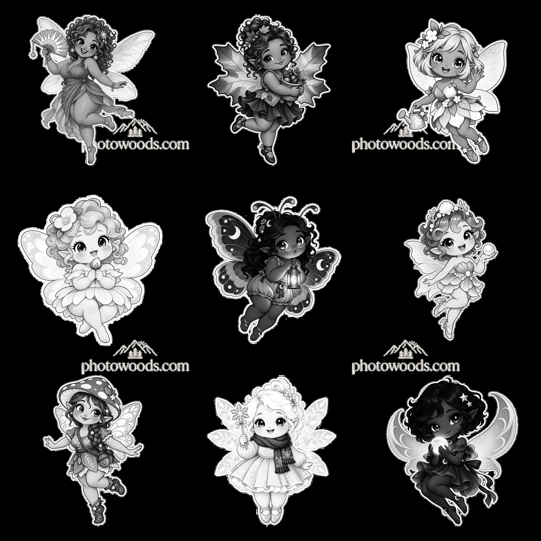 Kawaii chubby fairies in a 3x3 grid with various poses and accessories - AI-generated stock image