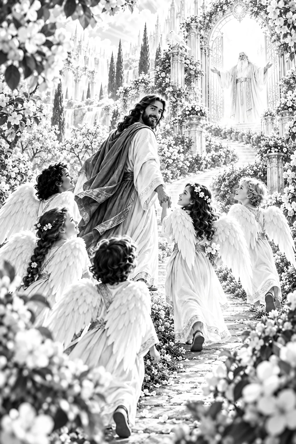 Jesus Christ walking with children in a garden of angels - AI-generated stock image