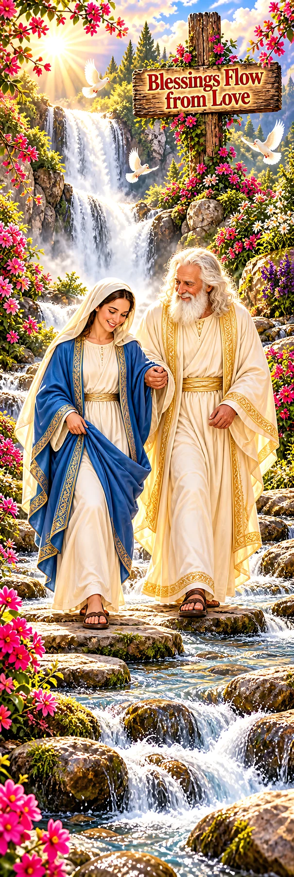 Jesus Christ walking with Mary by a waterfall - AI-generated stock image