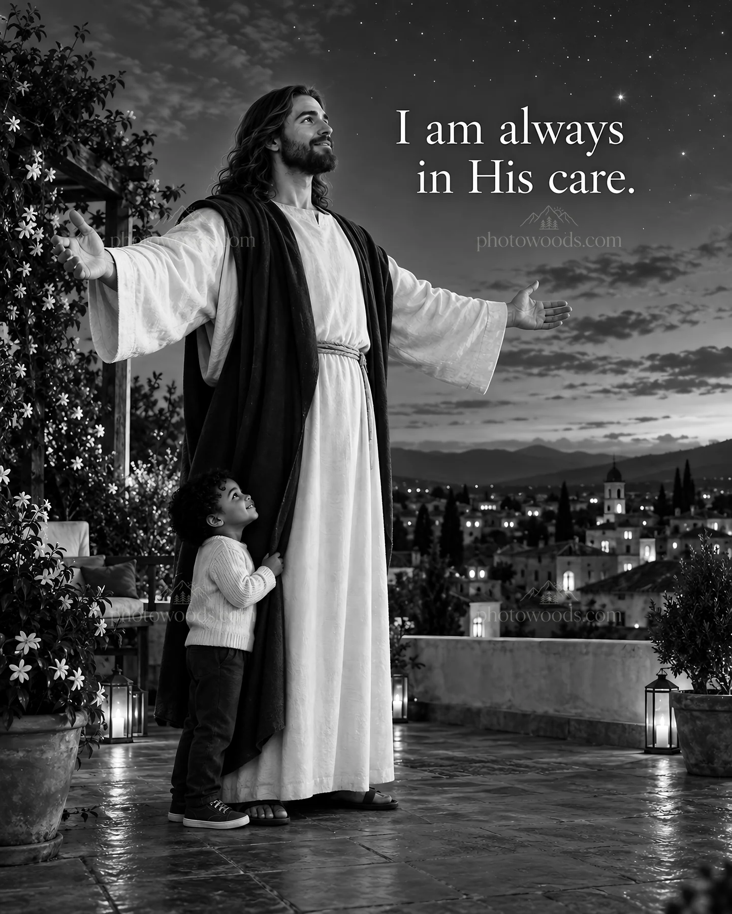 Jesus Christ welcoming a child in a peaceful setting - AI-generated stock image