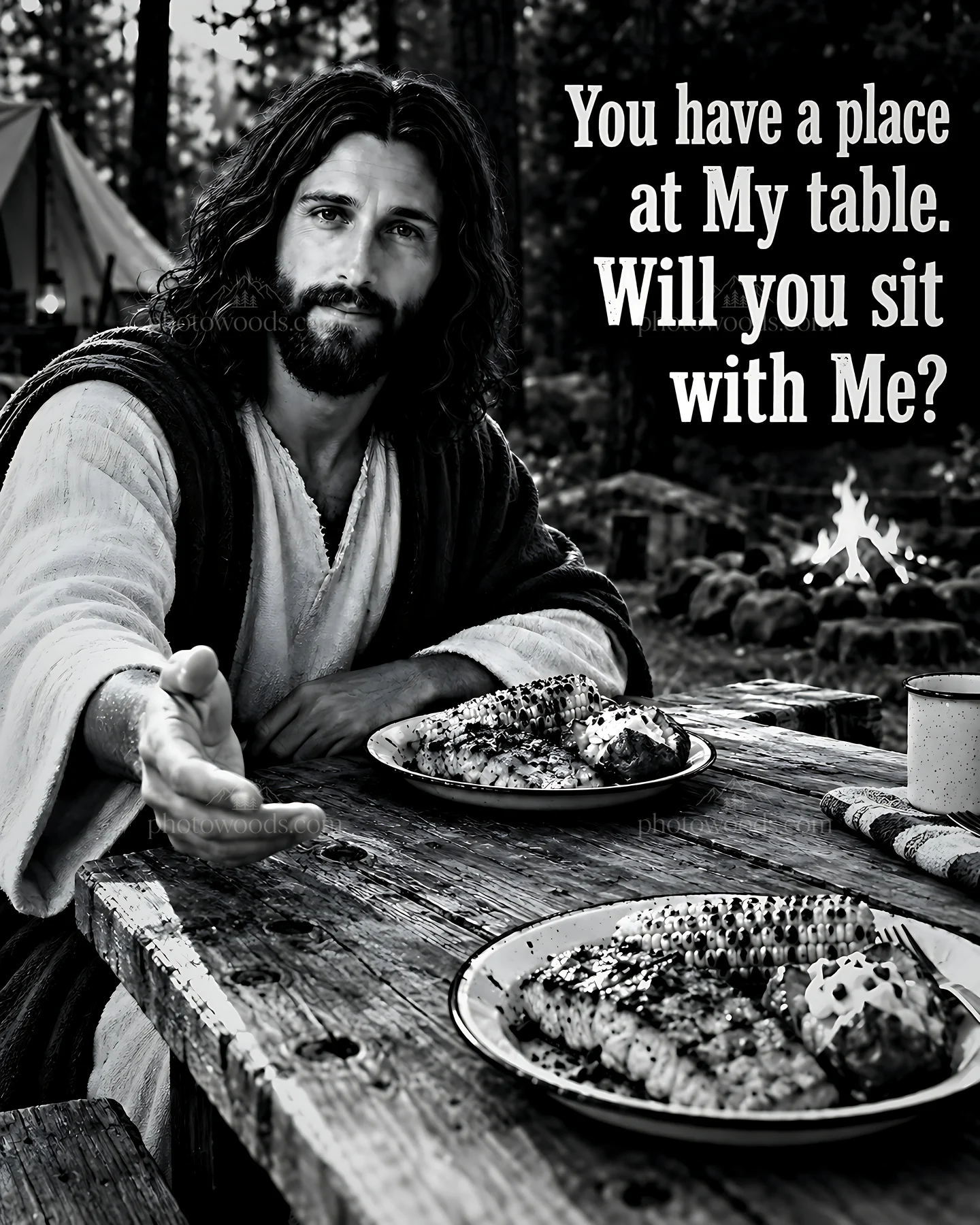 Table under the pines with inviting gesture and food - AI-generated stock image