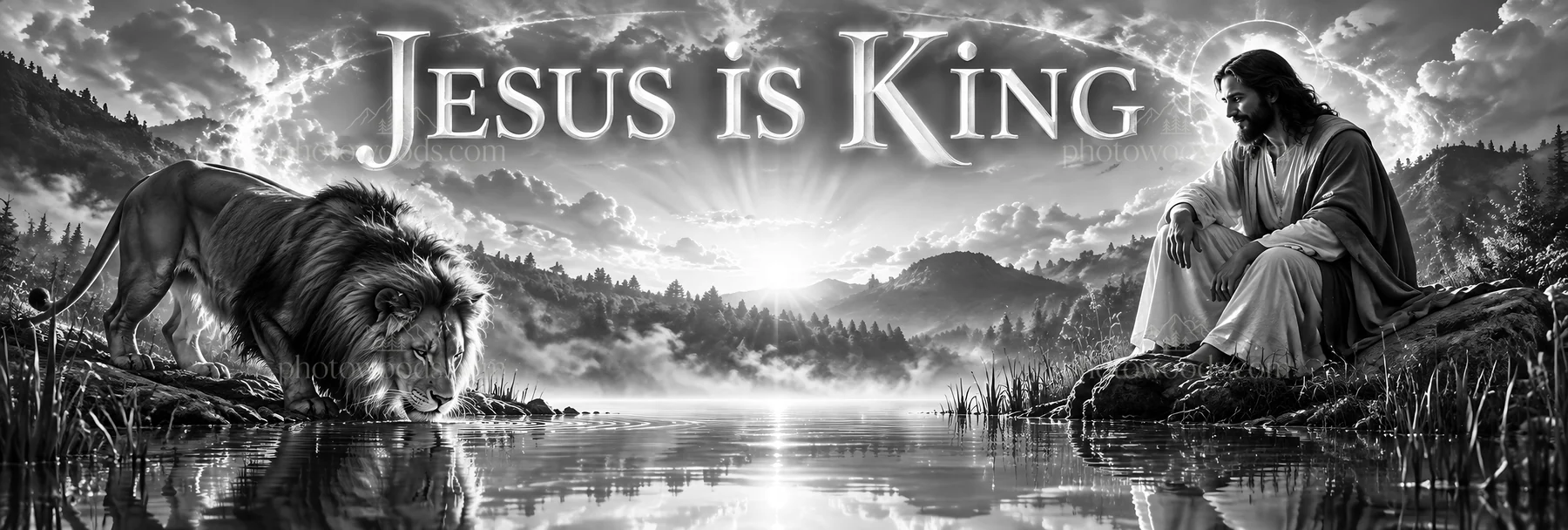 Jesus Christ seated by water with a lion in a landscape setting - AI-generated stock image