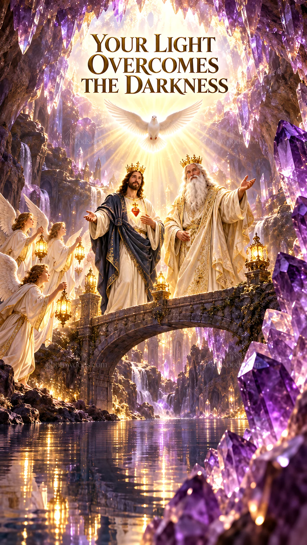 Jesus Christ and God the Father on a bridge with angels - AI-generated stock image