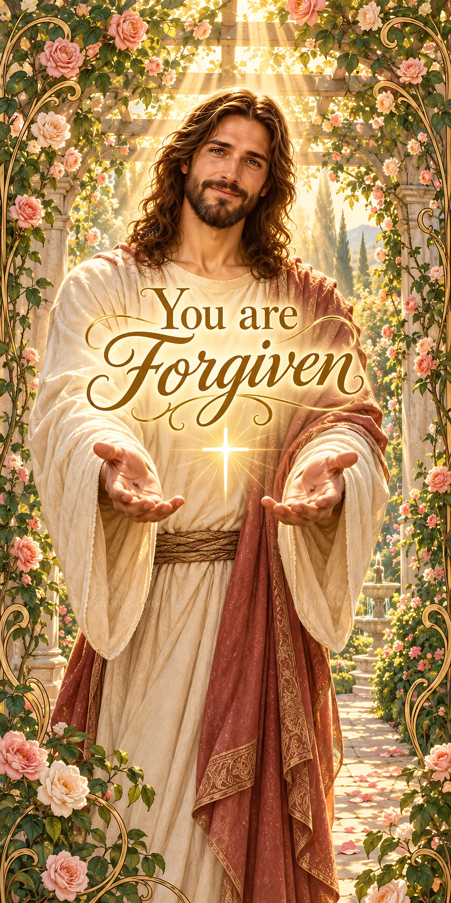Jesus Christ offering forgiveness with open hands - AI-generated stock image
