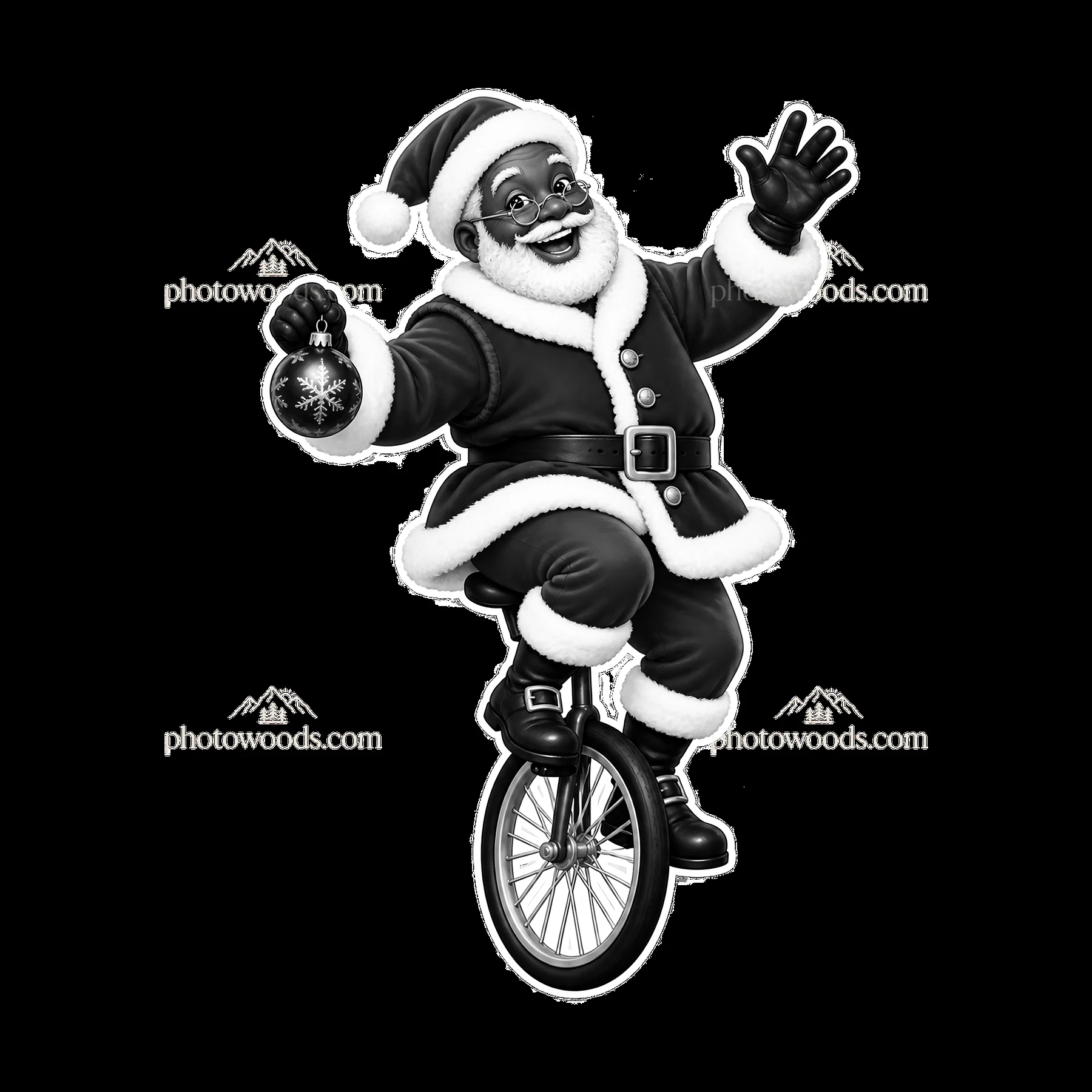 Santa Claus riding a unicycle while holding a Christmas ornament - AI-generated stock image