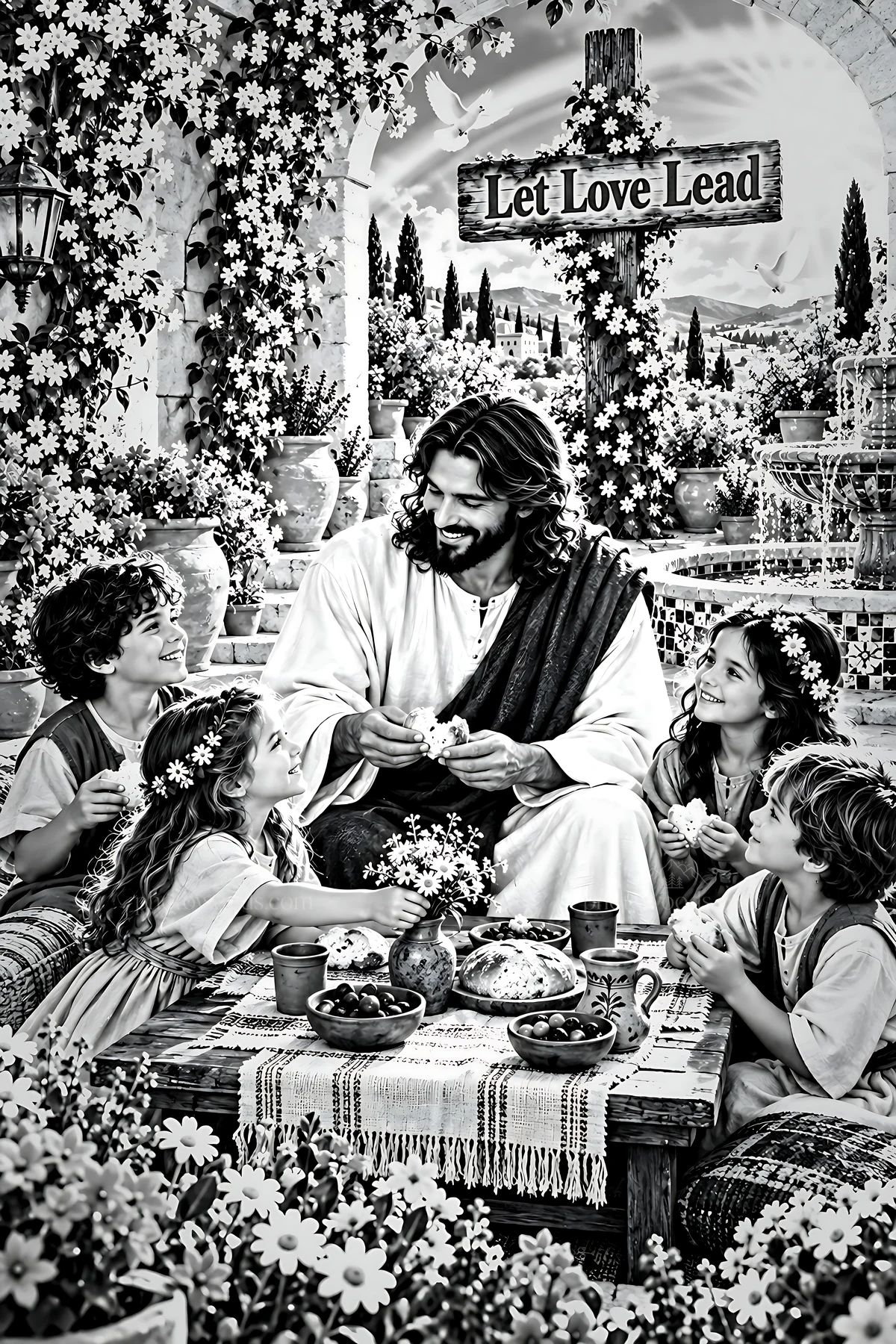 Grace in the courtyard with children enjoying food together - AI-generated stock image