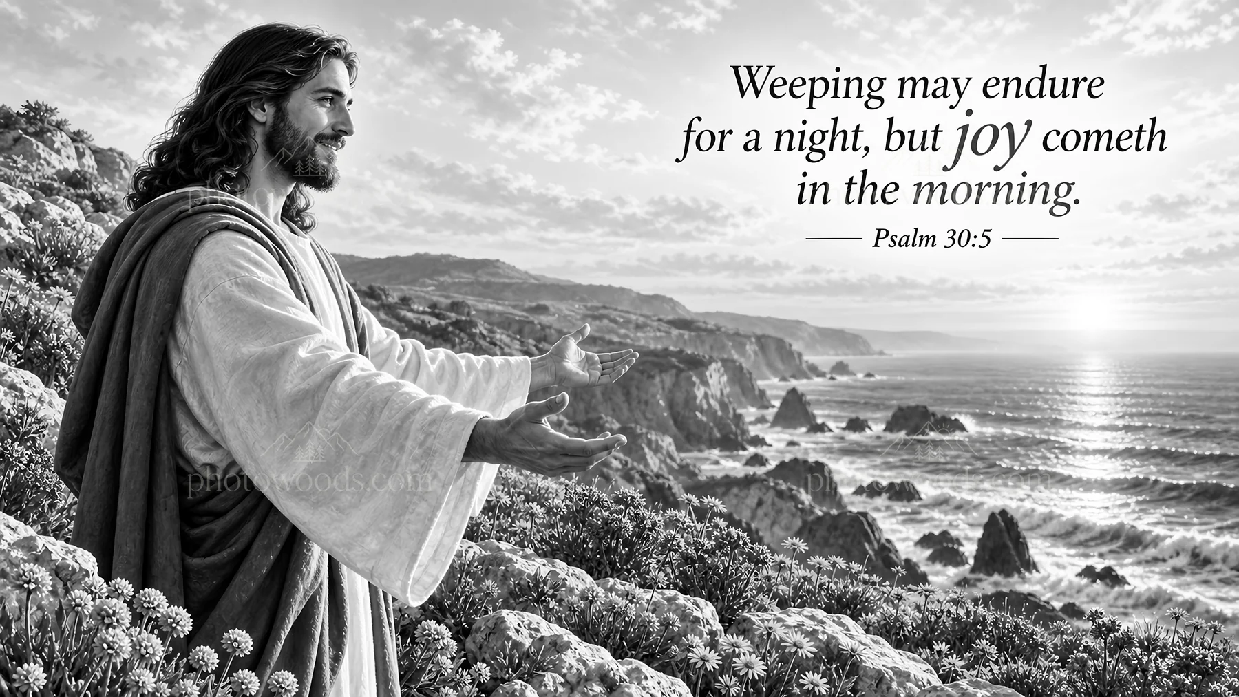 Jesus Christ welcoming with open arms at the shore - AI-generated stock image