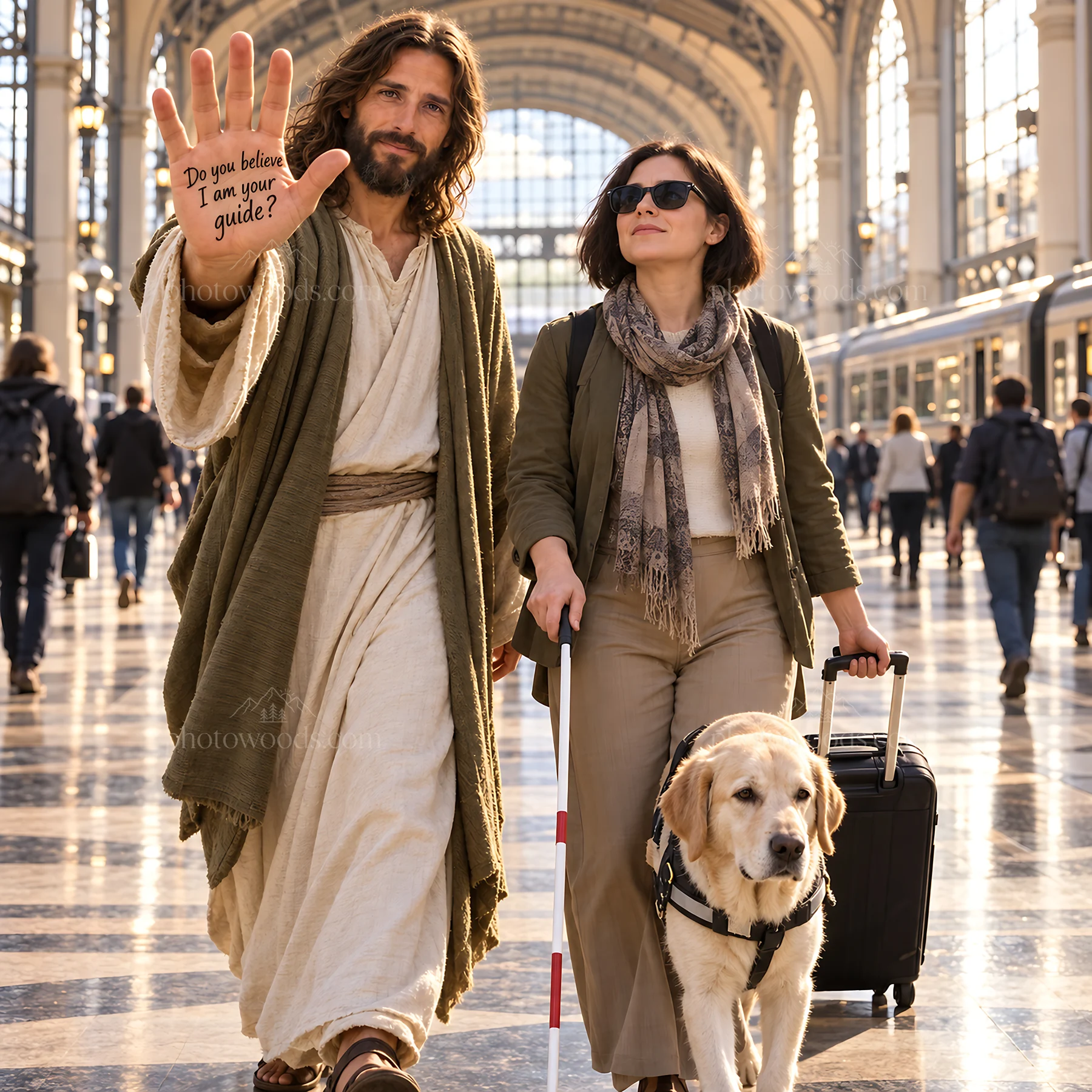 Jesus Christ guiding a woman with a guide dog through a train station - AI-generated stock image