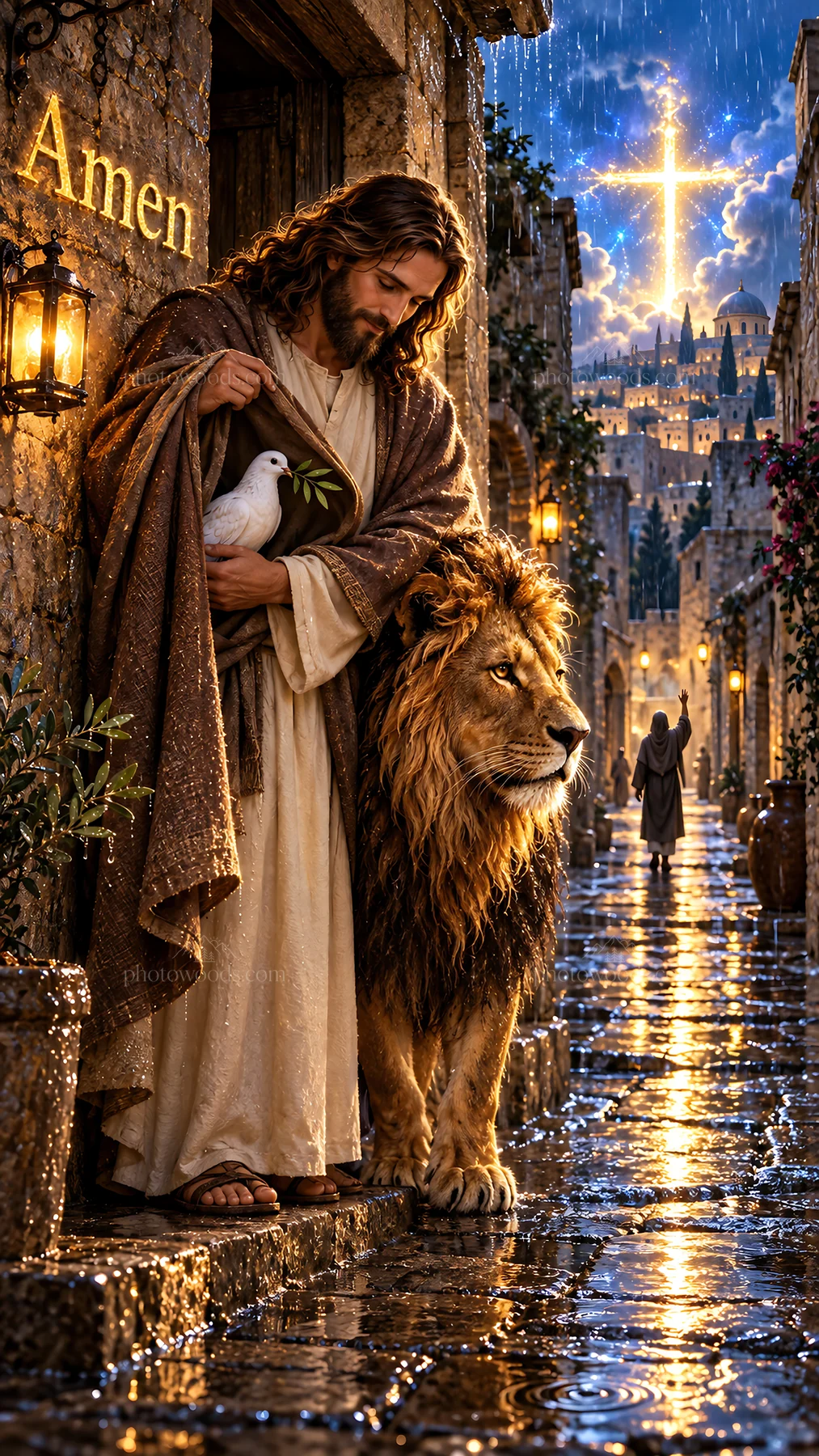 Jesus Christ walking with a lion in a rainy street - AI-generated stock image