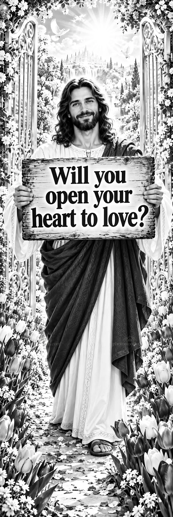 Jesus Christ inviting viewers to open their heart to love - AI-generated stock image