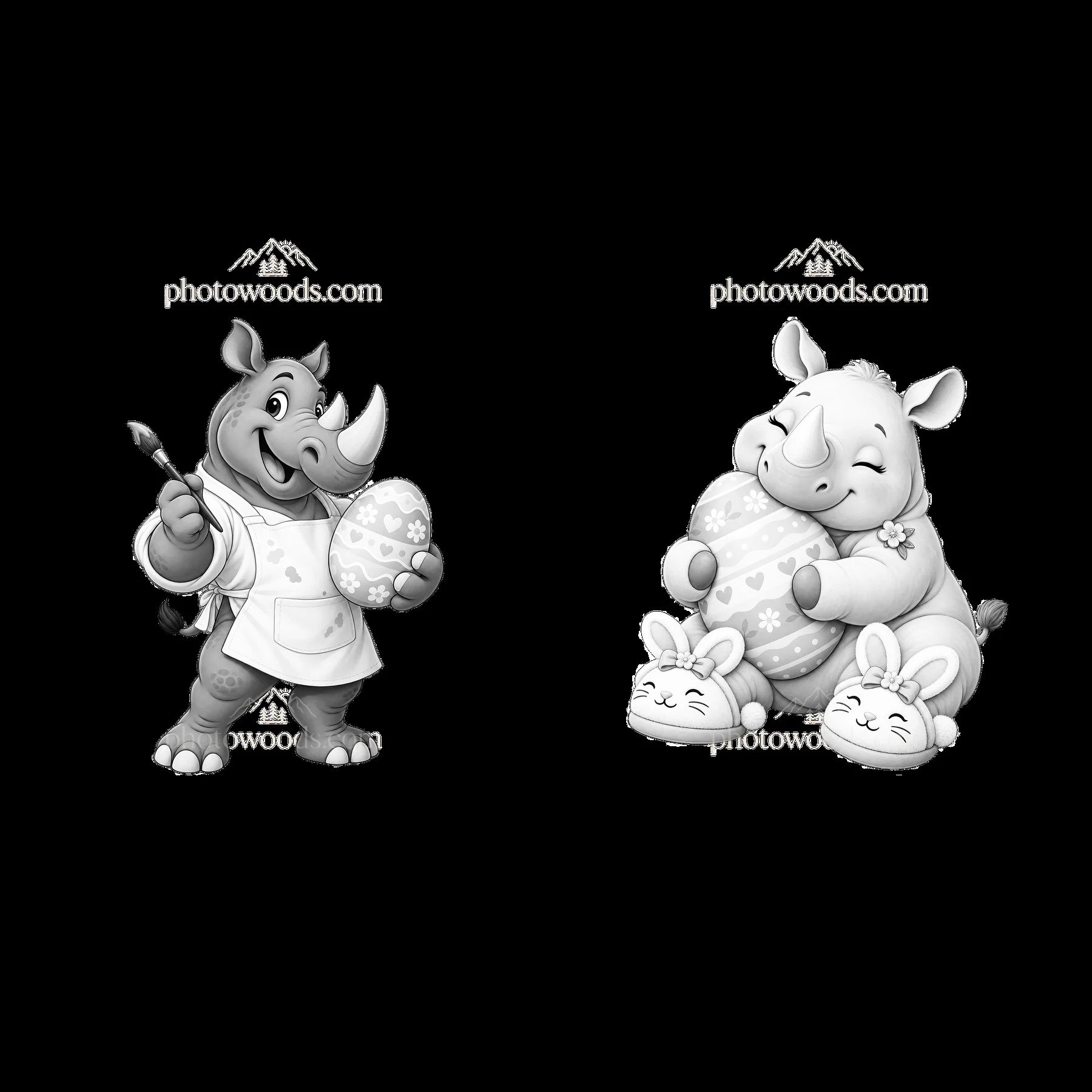Easter rhinoceros characters painting and hugging eggs - AI-generated stock image