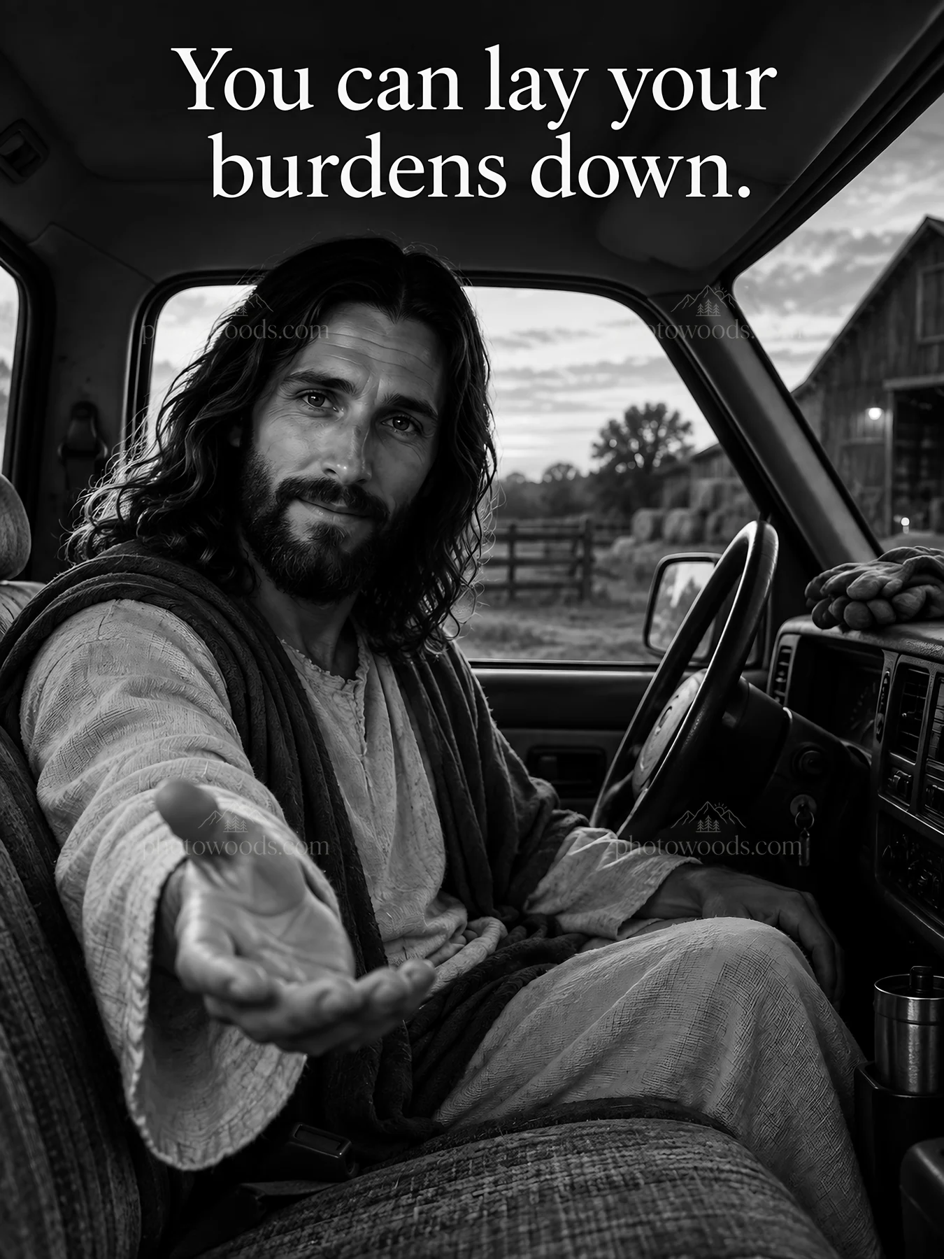 Jesus Christ invites you to lay your burdens down - AI-generated stock image