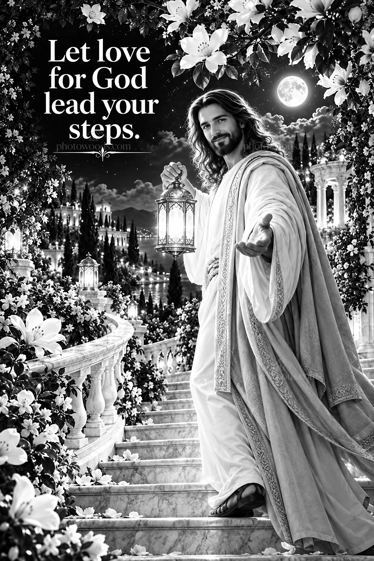 Jesus Christ guiding with a lantern on a garden path - AI-generated stock image