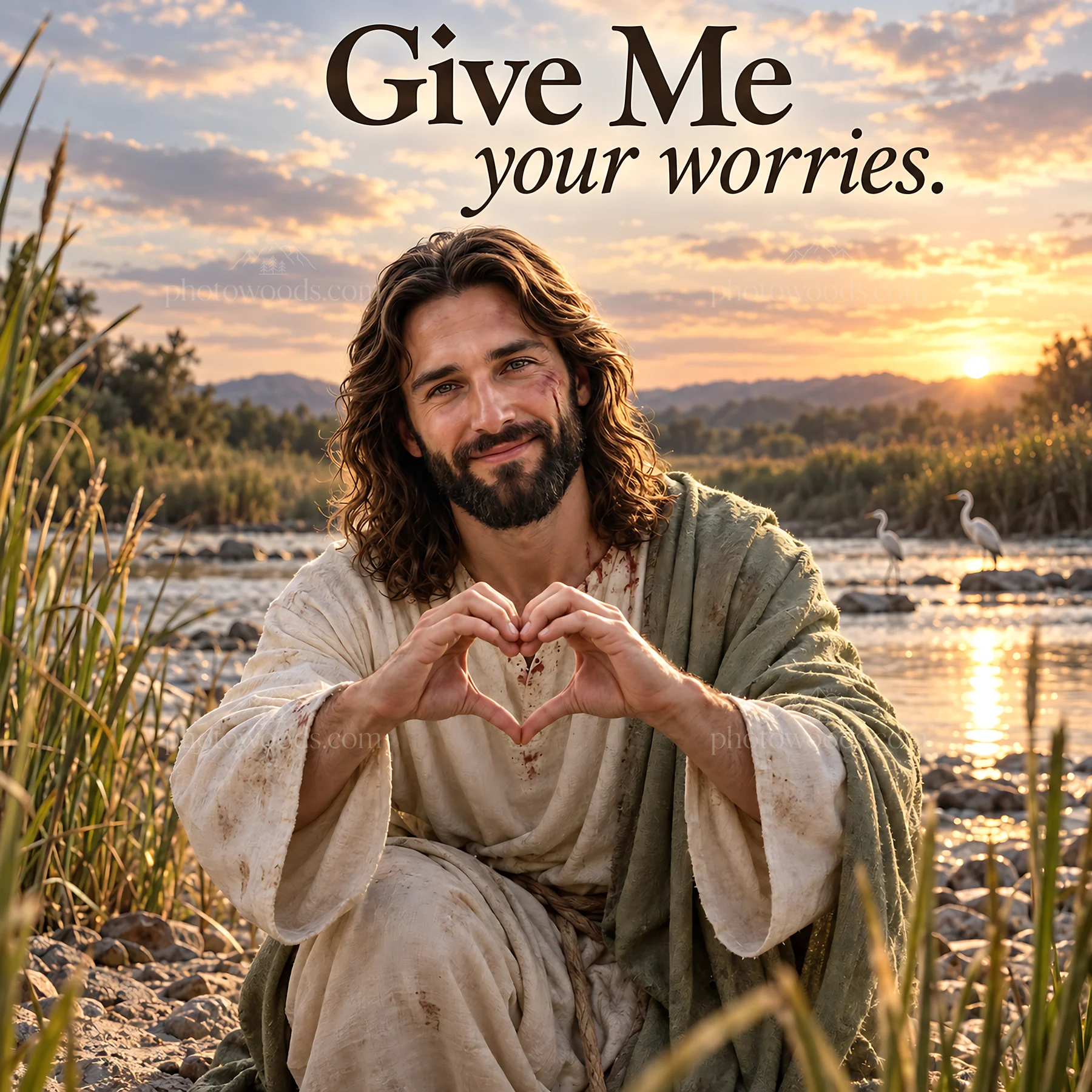 Jesus Christ invites to give worries in a comforting scene - AI-generated stock image