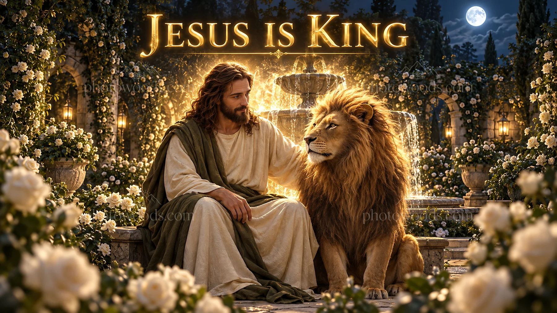 Jesus Christ with lion in a garden scene - AI-generated stock image