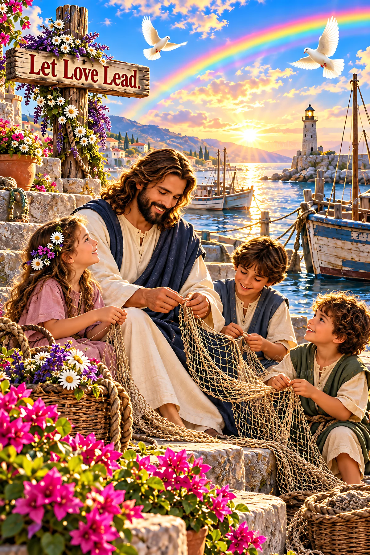 Kindness at the harbor with children and a man - AI-generated stock image