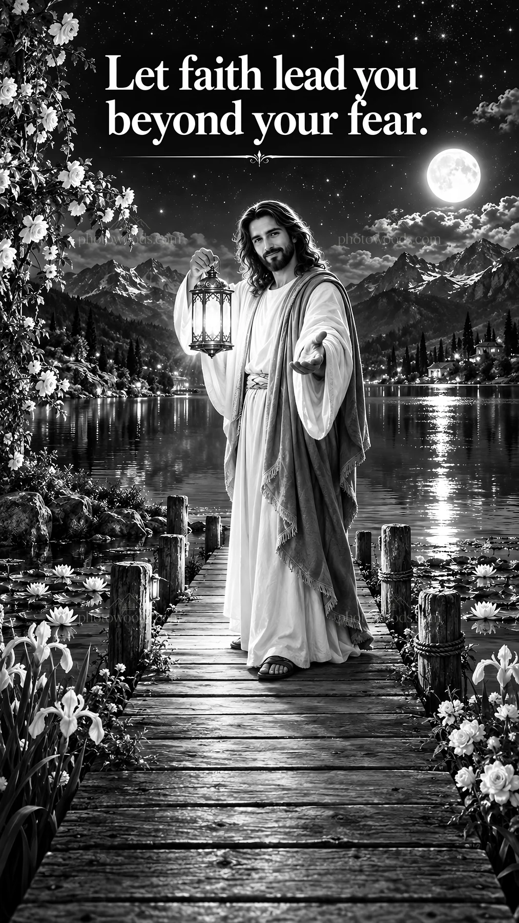 Jesus Christ guiding with a lantern across a serene path - AI-generated stock image