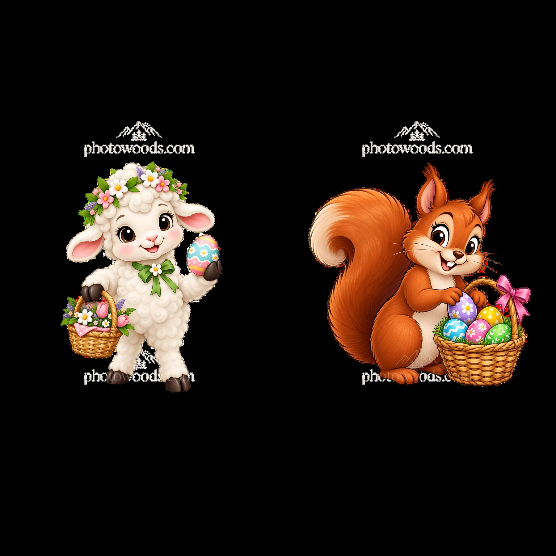 Easter lamb with basket and squirrel holding colorful eggs - AI-generated stock image