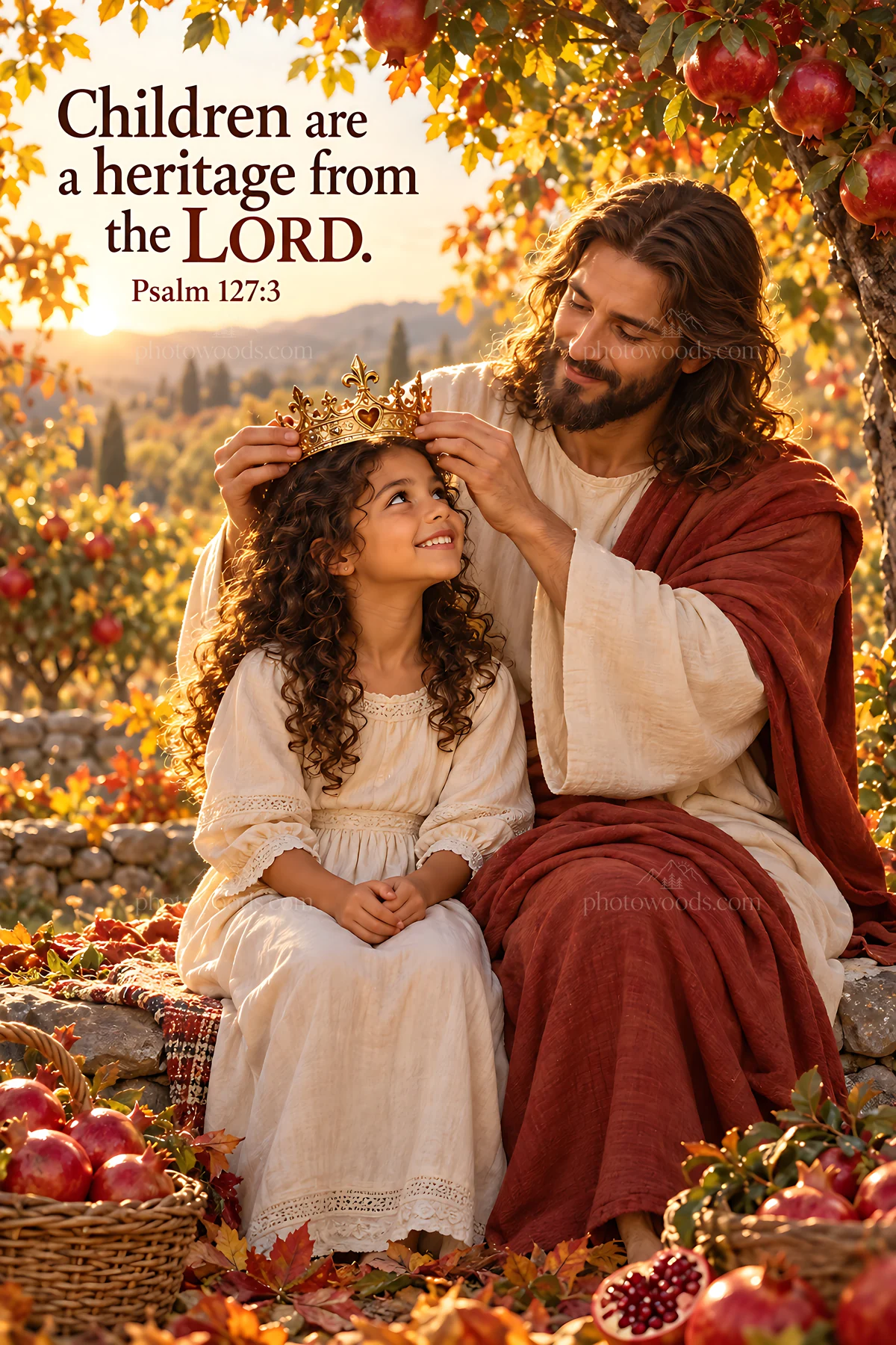 Jesus Christ placing a crown on a child's head - AI-generated stock image