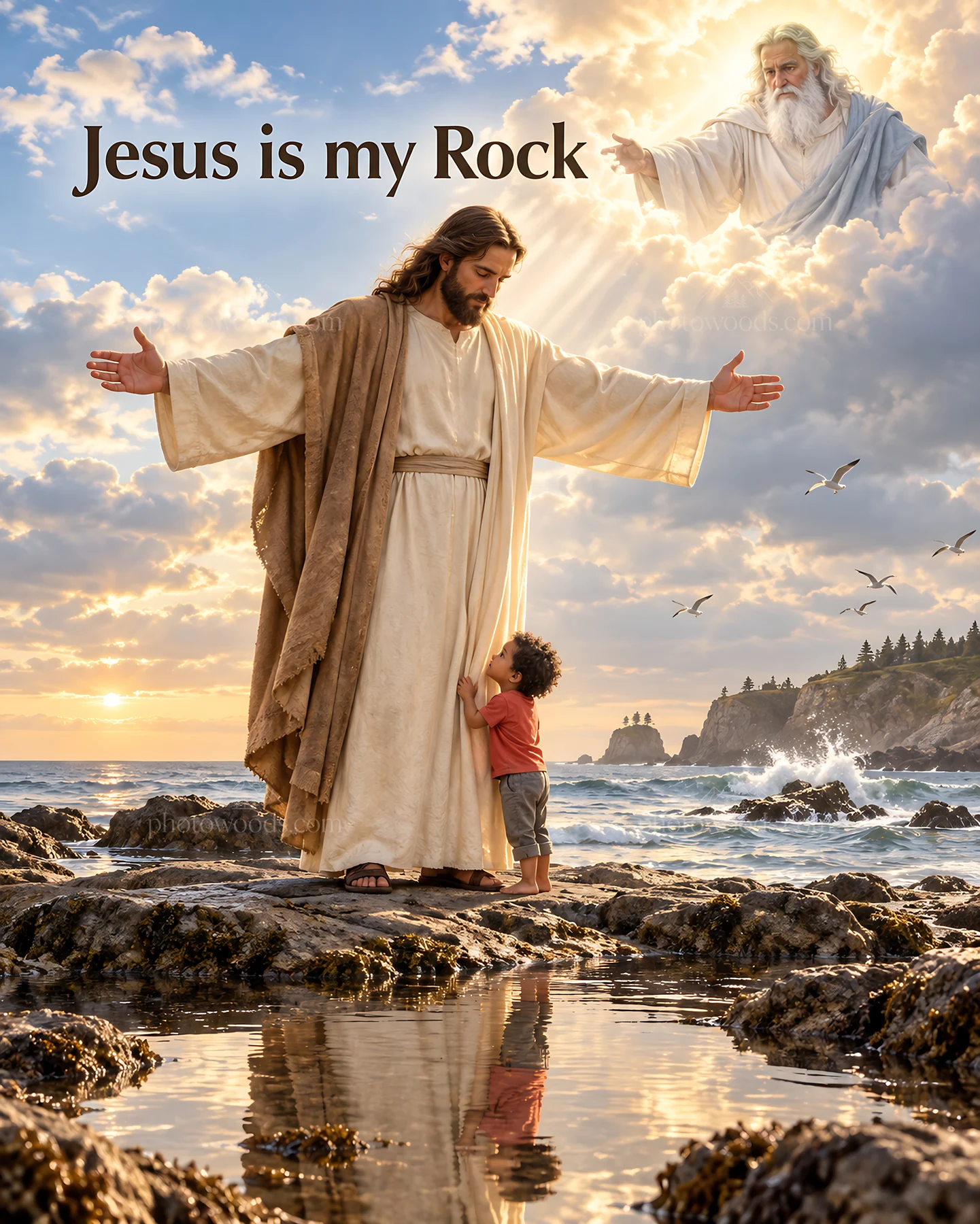Jesus Christ embraces a child by the ocean shore - AI-generated stock image