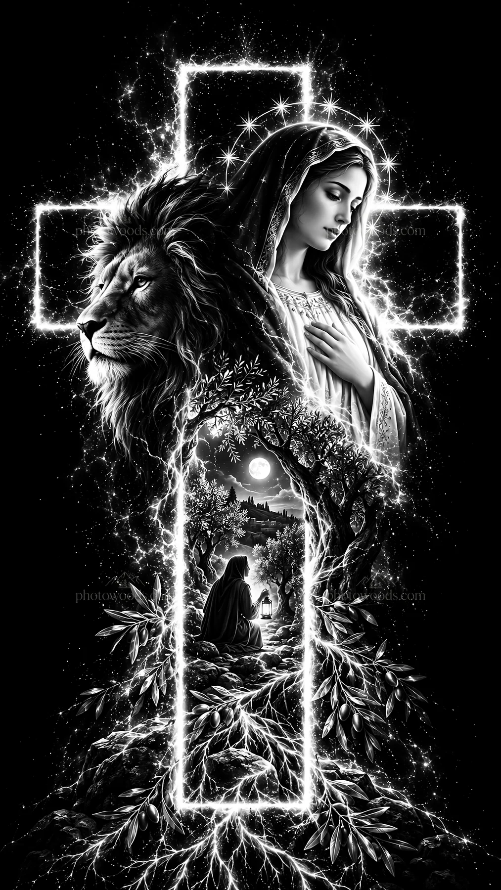 Jesus Christ with Mary and the lion in a symbolic scene - AI-generated stock image
