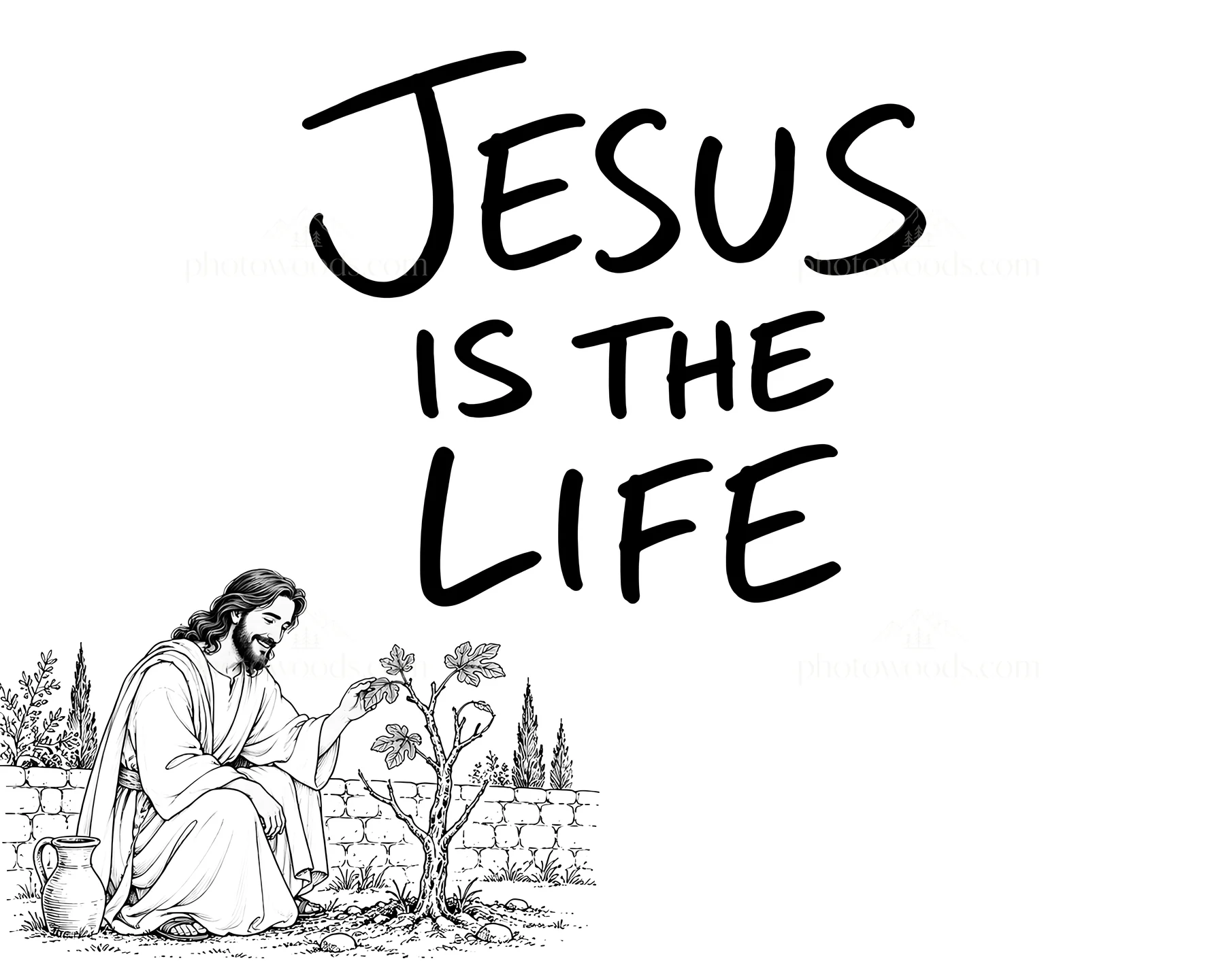Jesus Christ tending to a fig tree - AI-generated stock image