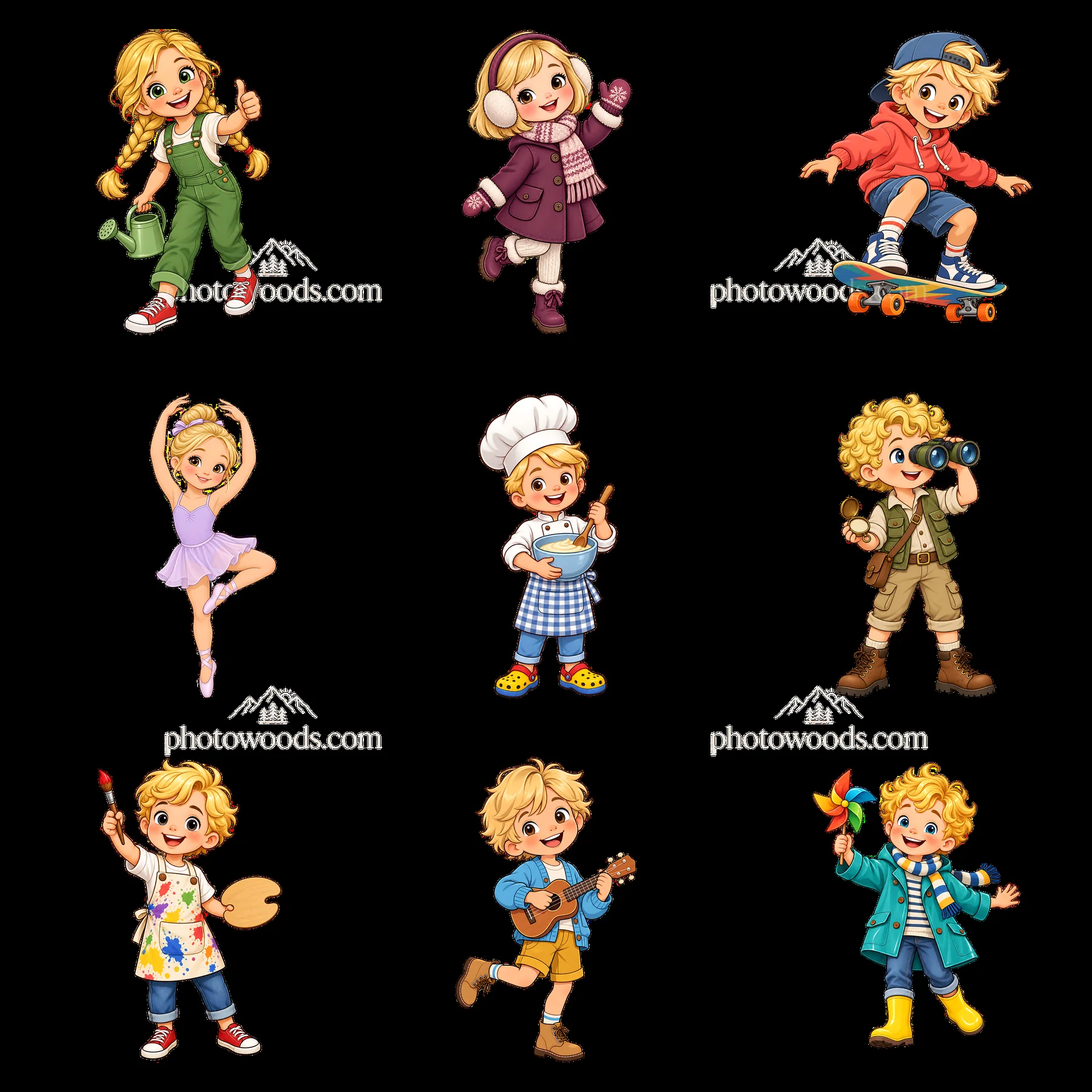 Blond children engaged in various playful activities in a grid layout - AI-generated stock image