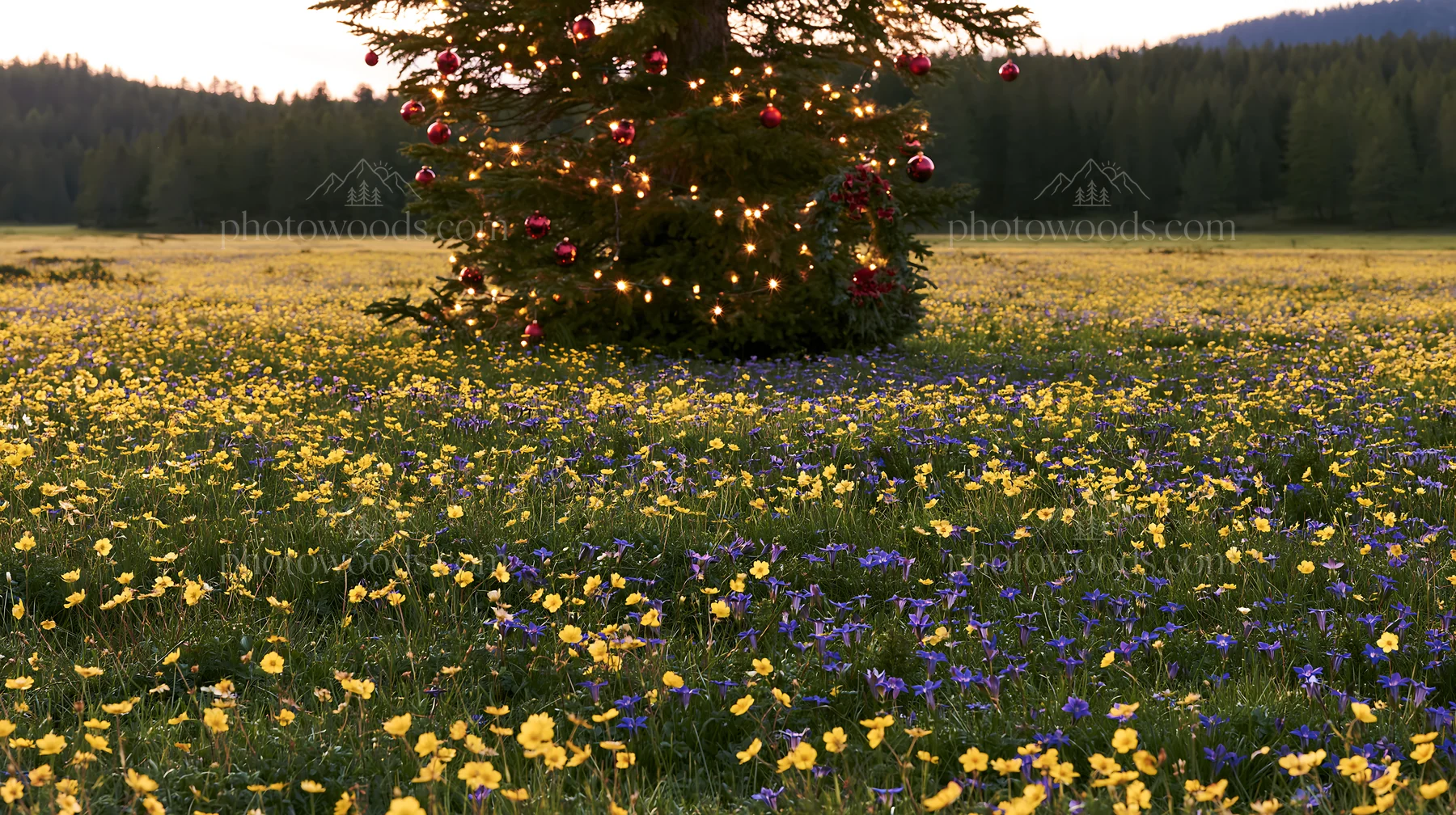 Christmas decorations by tree in mountain valley meadow - AI-generated stock image