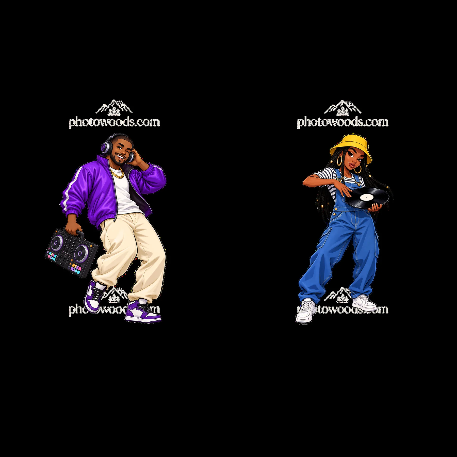 Hip-hop artists with DJ equipment and vinyl records - AI-generated stock image