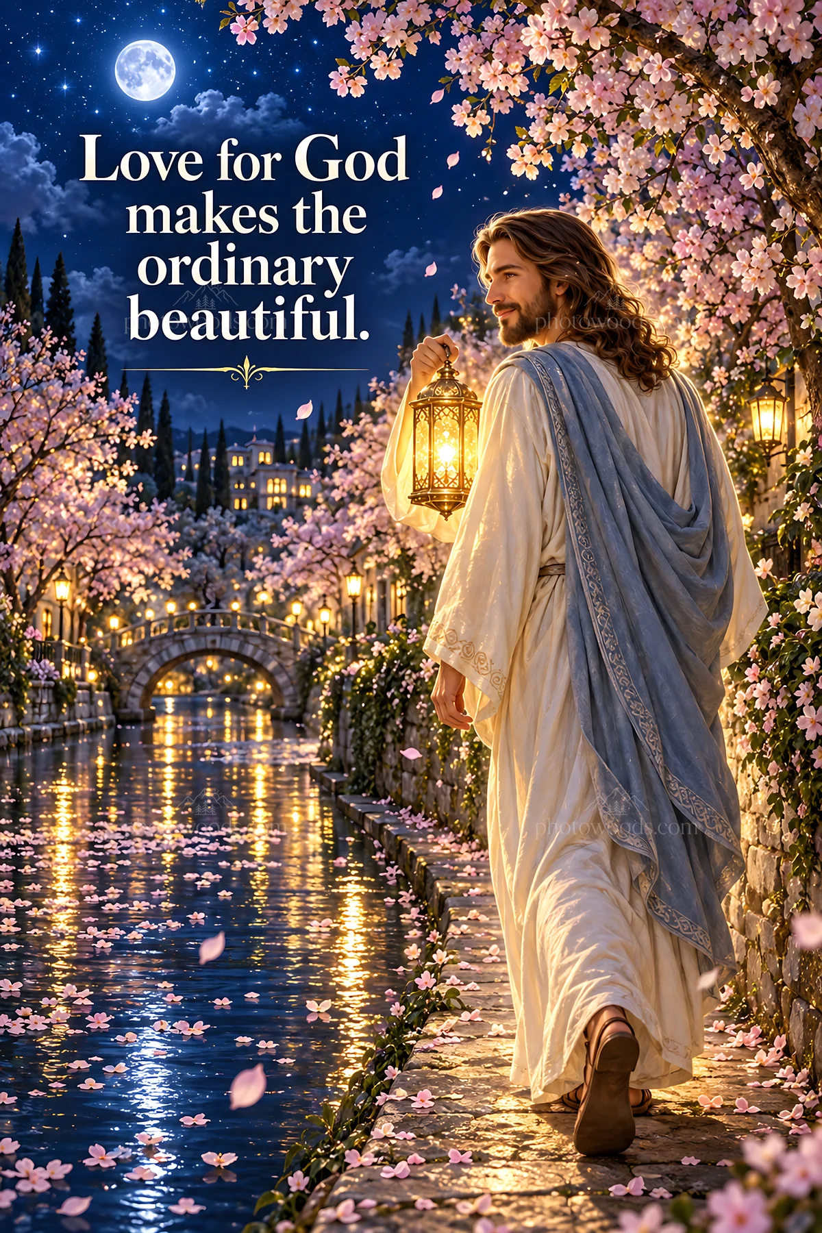 Jesus Christ walking by a beautiful river under blooming trees - AI-generated stock image