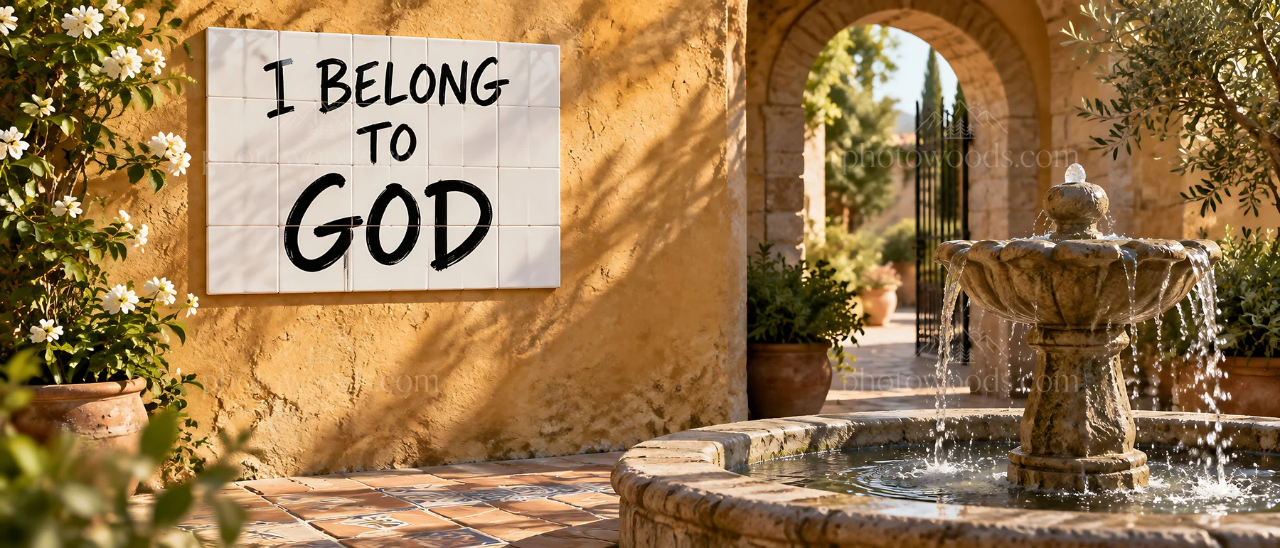 Jesus Christ welcomes viewers in a garden with a fountain - AI-generated stock image