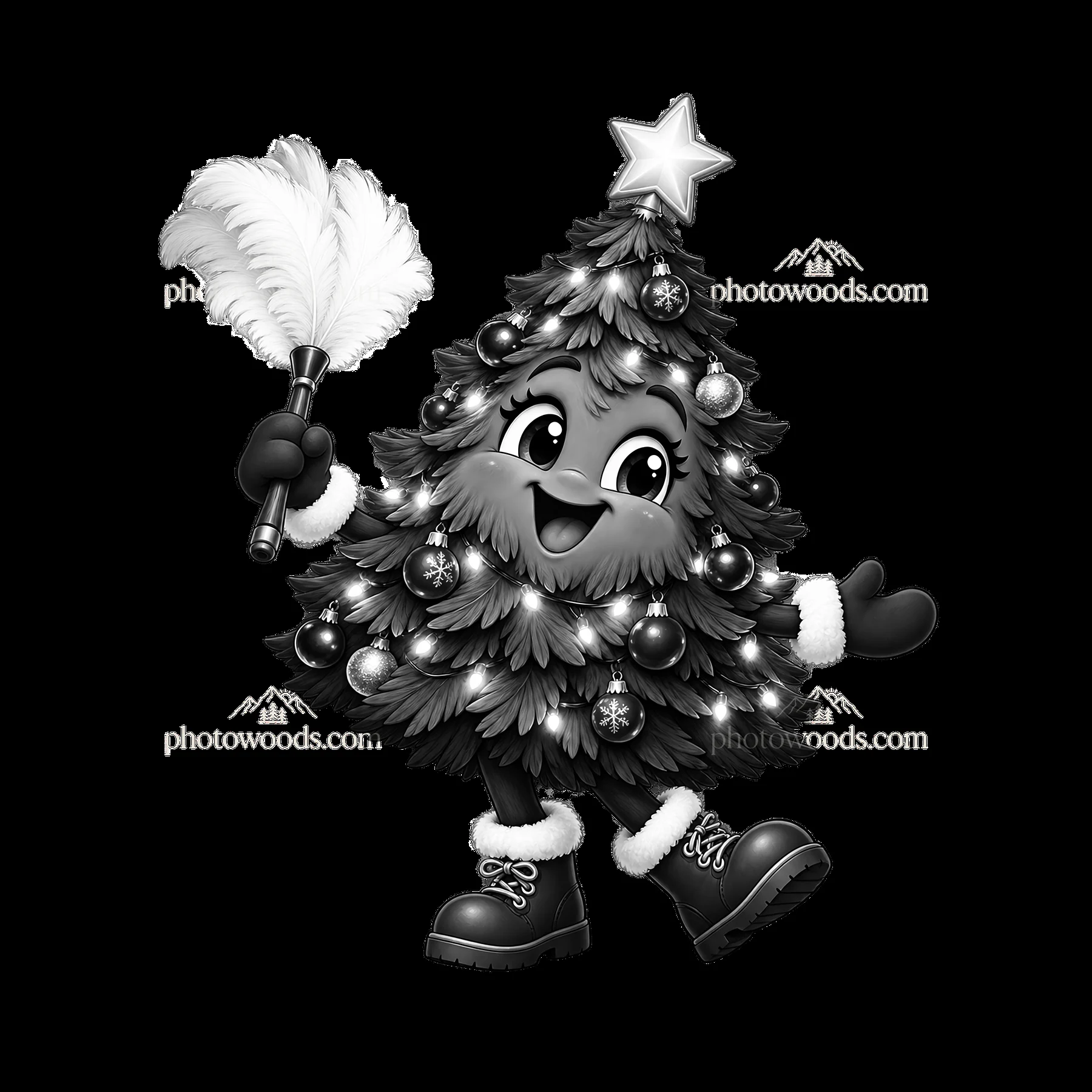 Cartoon Christmas tree character holding a feather duster - AI-generated stock image