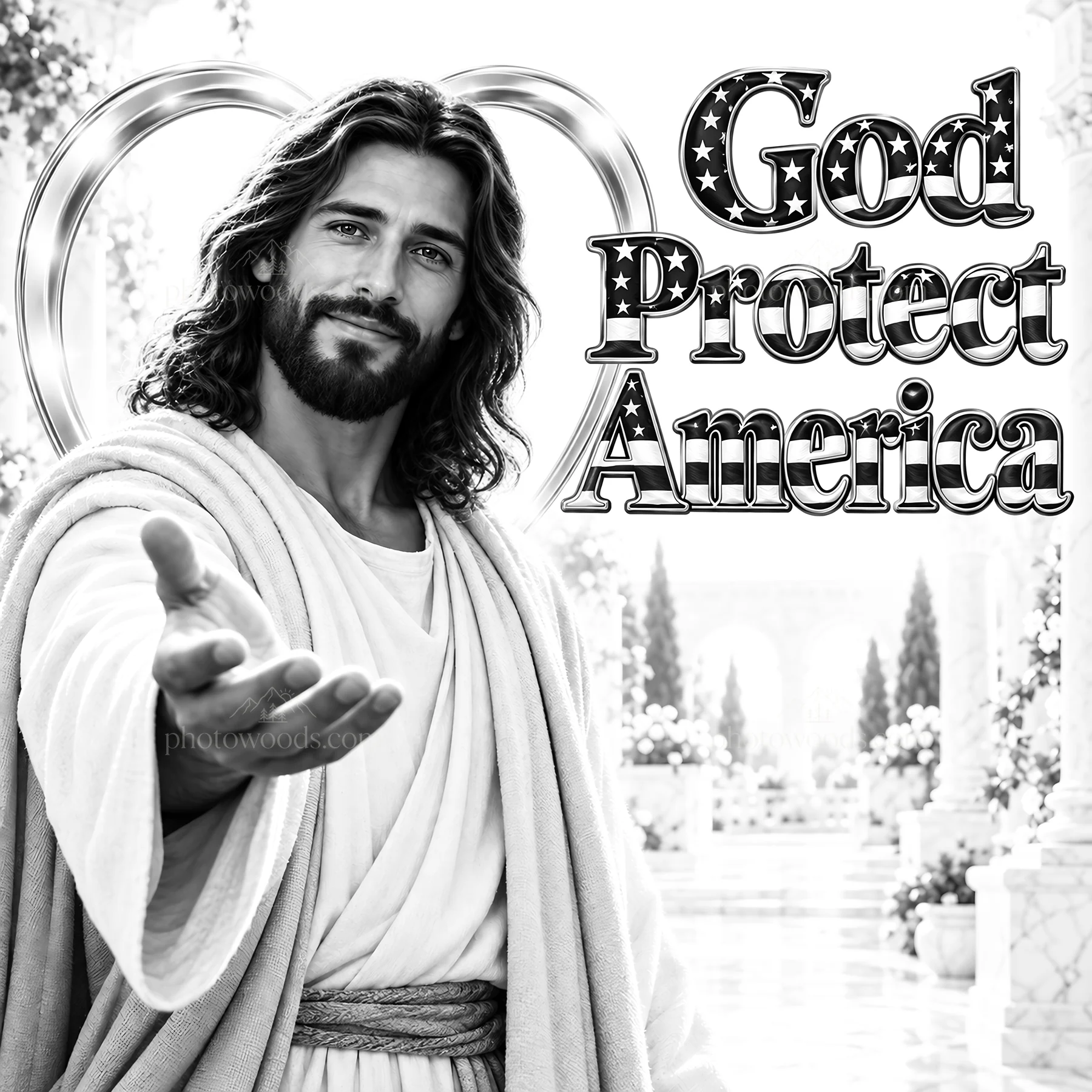 Jesus Christ welcoming with a message of protection for America - AI-generated stock image