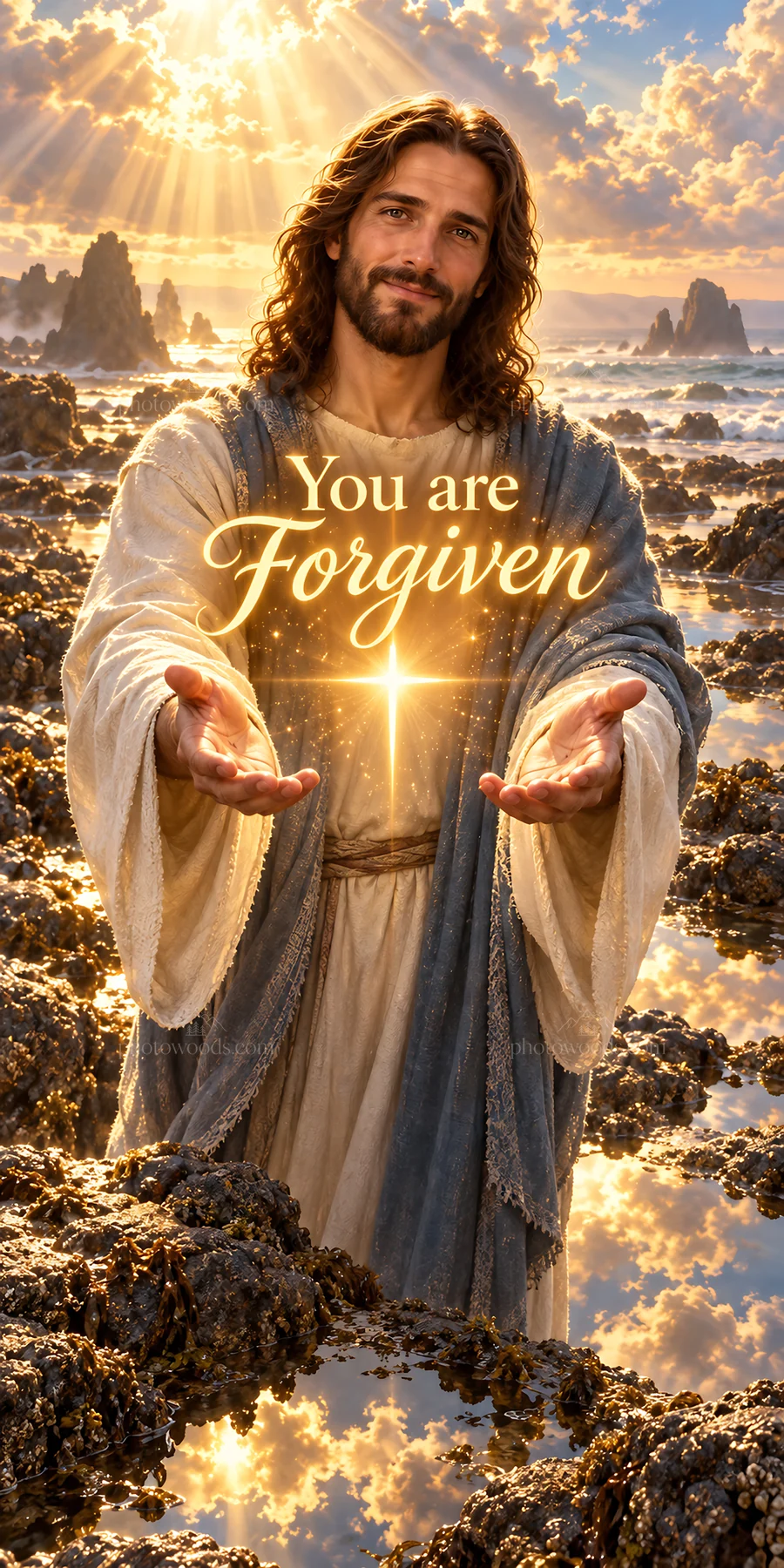 Jesus Christ offering forgiveness by the sea - AI-generated stock image
