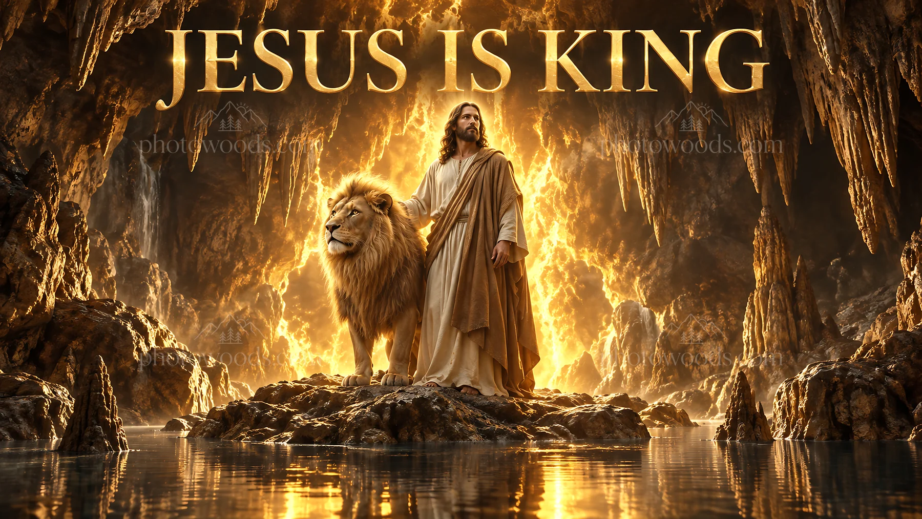 Jesus Christ stands with a lion in a cave setting - AI-generated stock image
