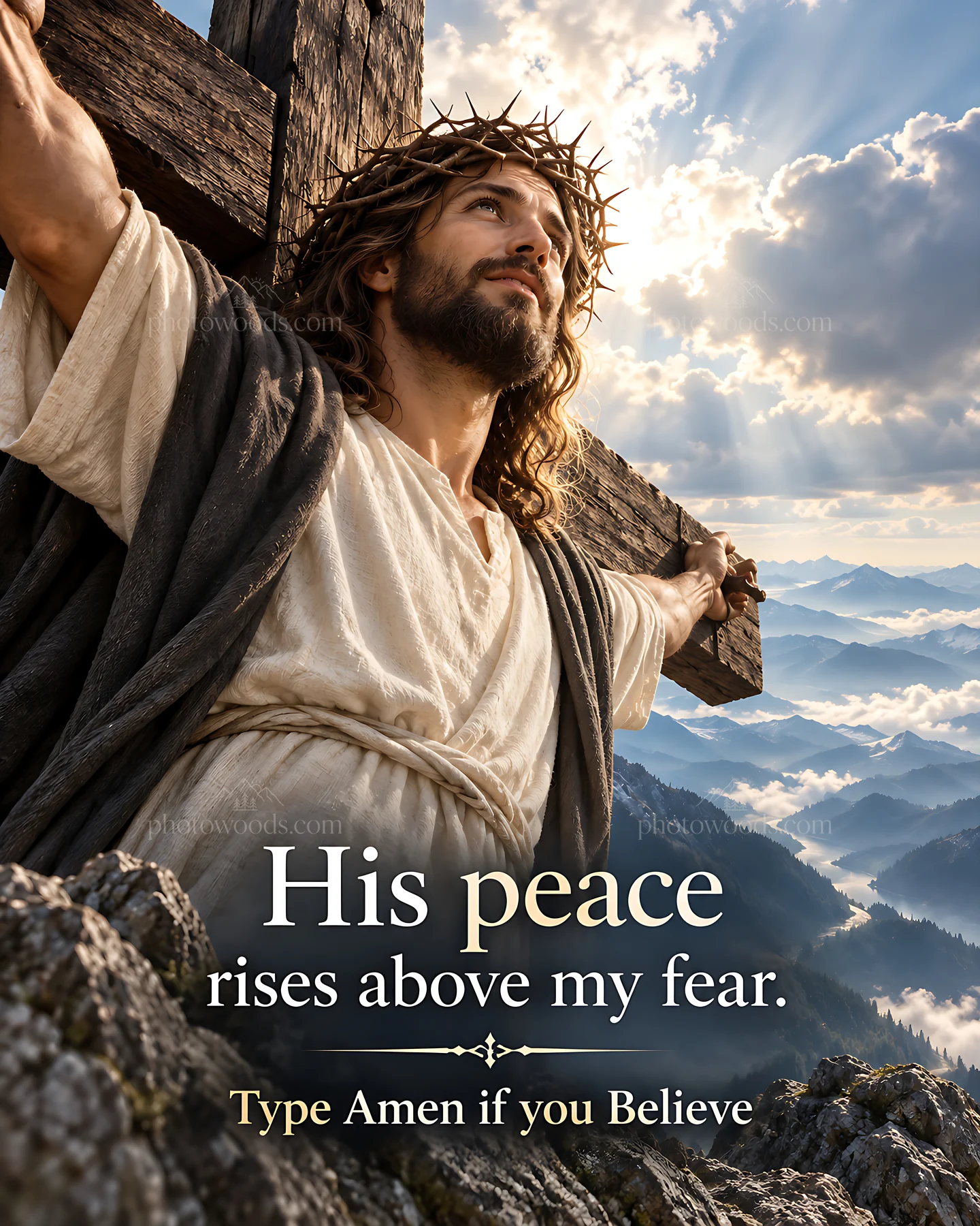 Peace on the Mountain at sunset with a figure on a cross - AI-generated stock image
