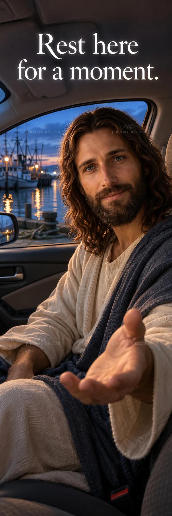 Jesus Christ inviting rest in a contemporary setting - AI-generated stock image