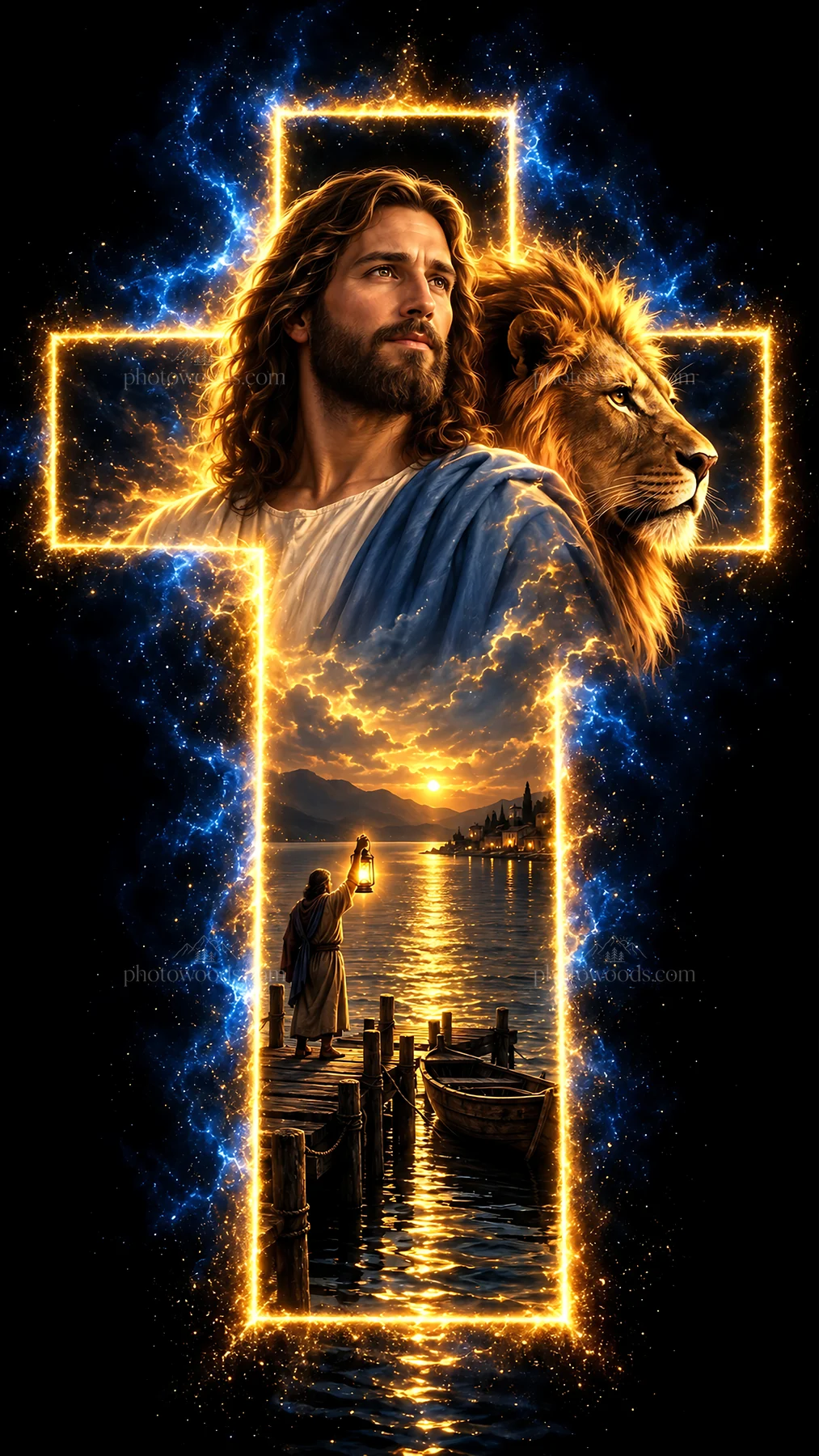 Jesus Christ embracing hope with a lion and a sunset - AI-generated stock image