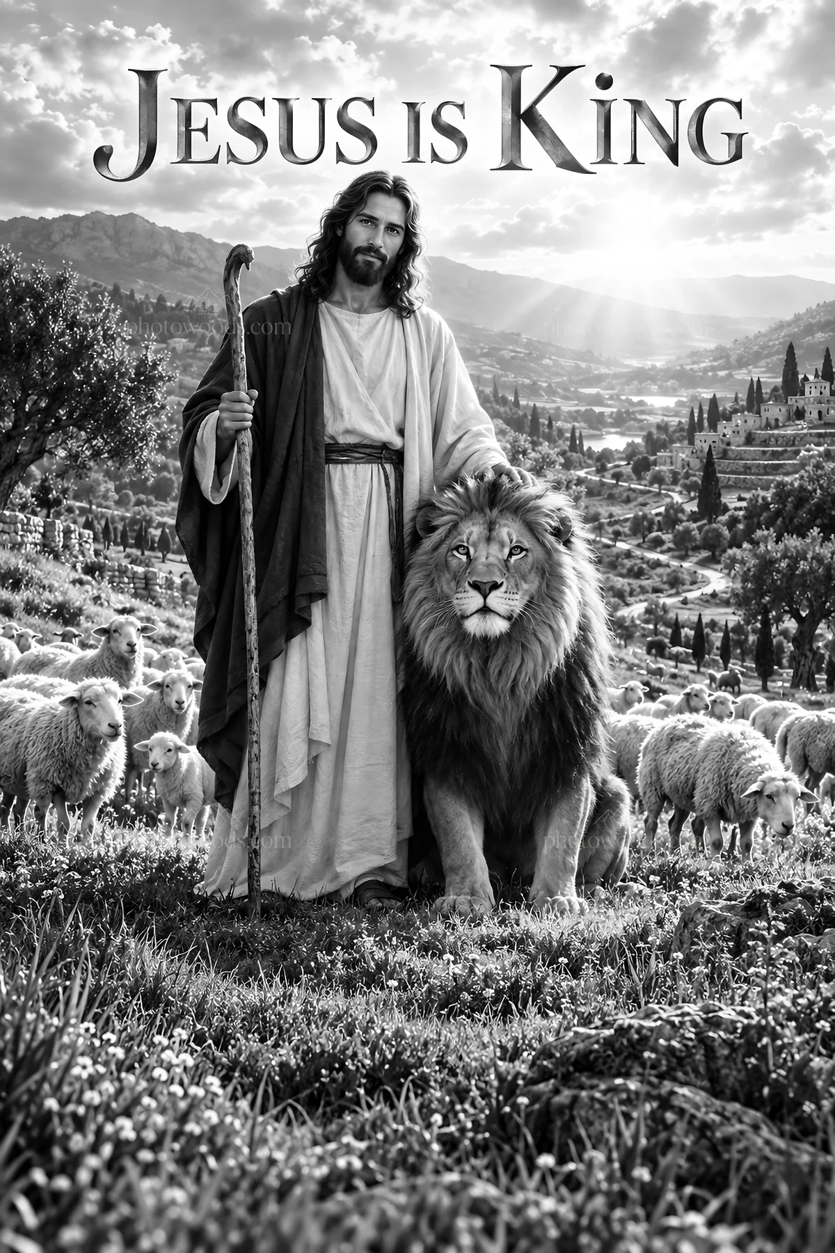 Jesus Christ stands with a lion surrounded by sheep - AI-generated stock image