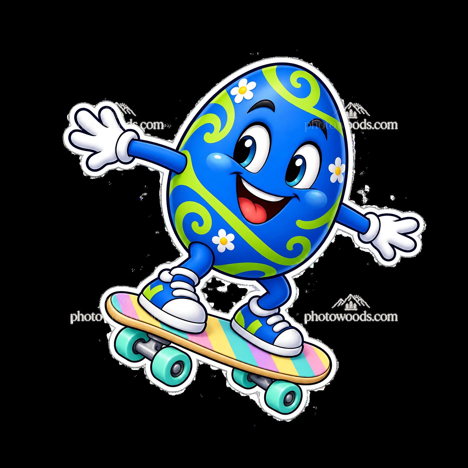 Blue Easter egg character skating on skateboard - AI-generated stock image