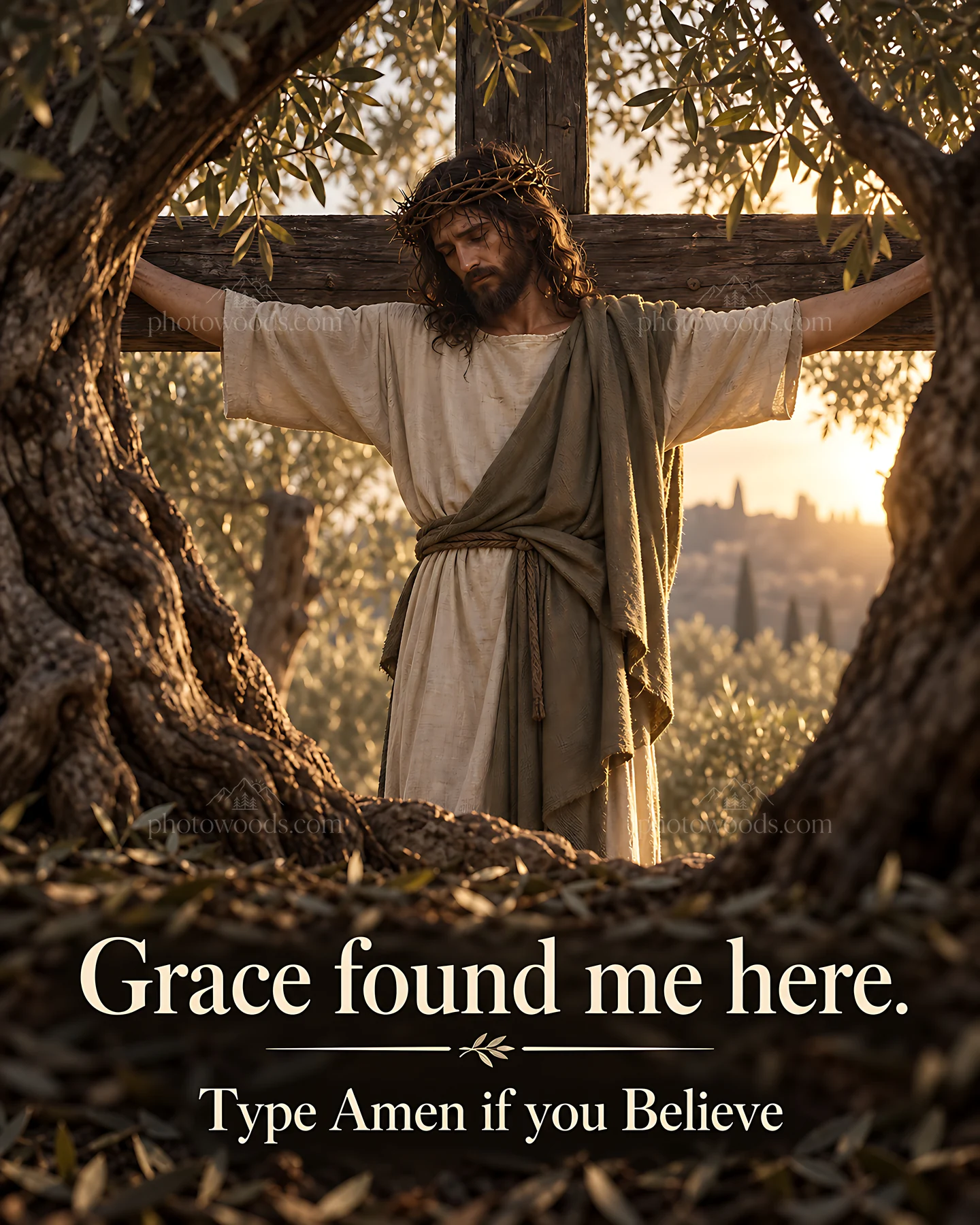Grace among the olives with a figure on a wooden cross - AI-generated stock image