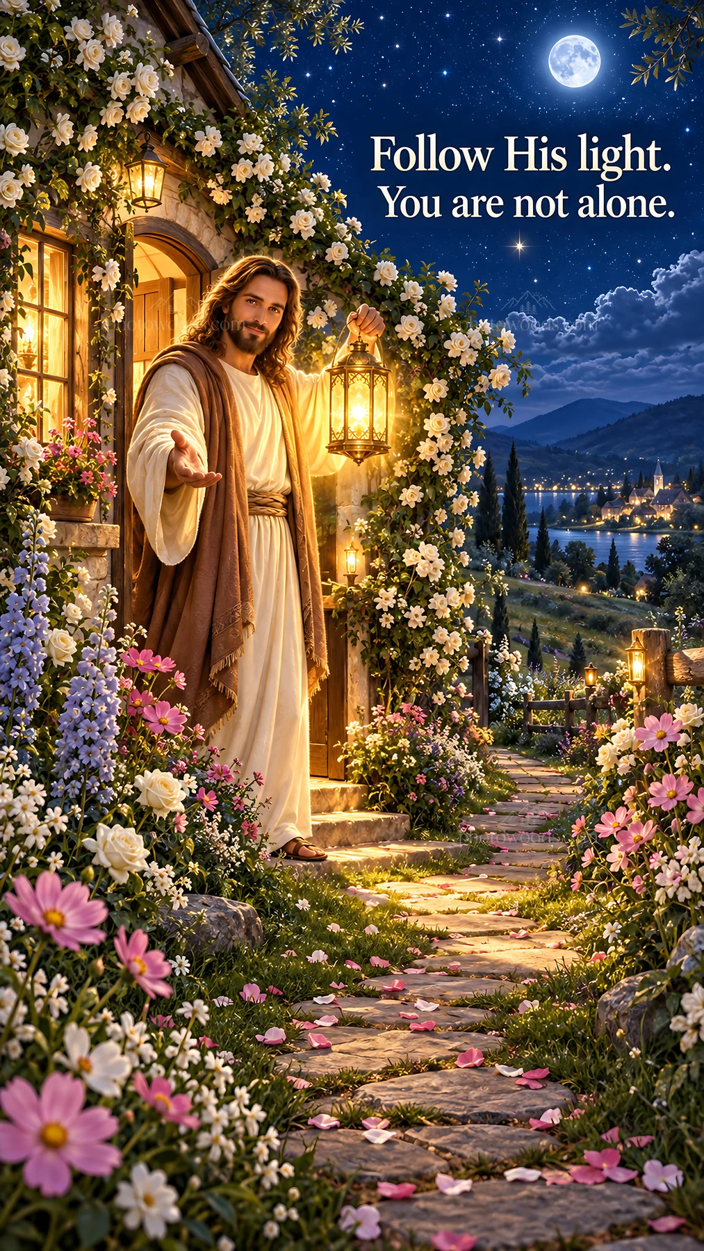 Jesus Christ inviting with a lantern in a garden pathway - AI-generated stock image