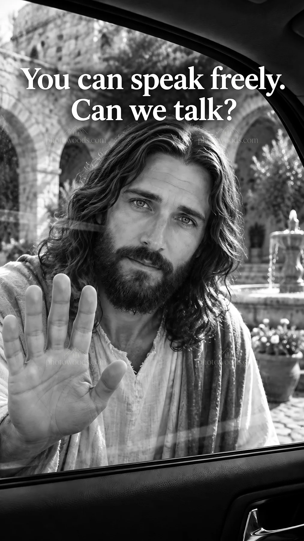 Jesus Christ inviting a conversation with an open hand - AI-generated stock image