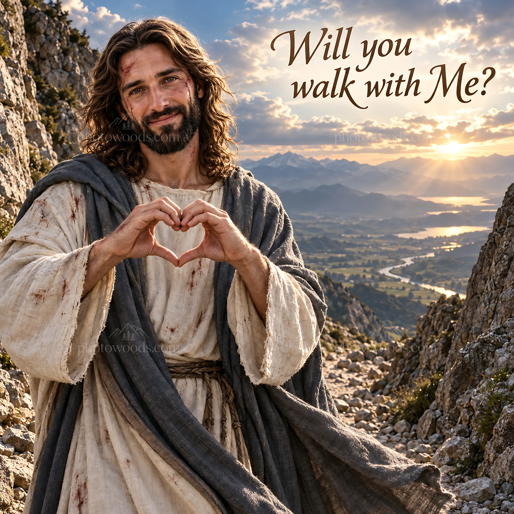Jesus Christ inviting to walk together in nature - AI-generated stock image