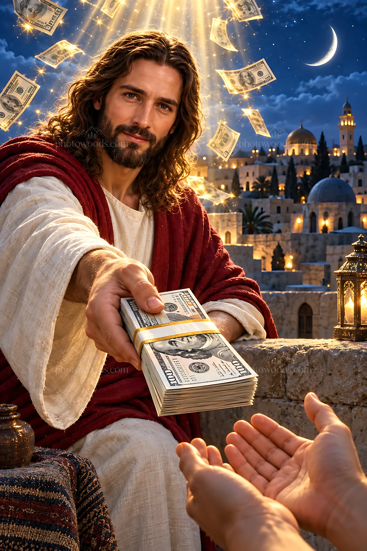 Moonlit rooftop scene with figure handing out cash - AI-generated stock image