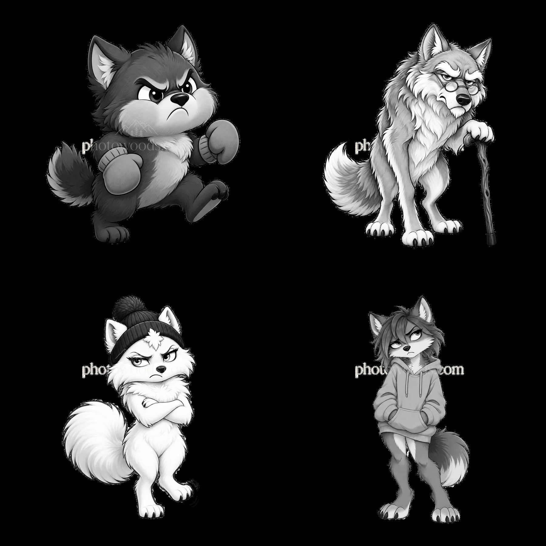Grumpy wolf cartoon characters in black and white illustration - AI-generated stock image