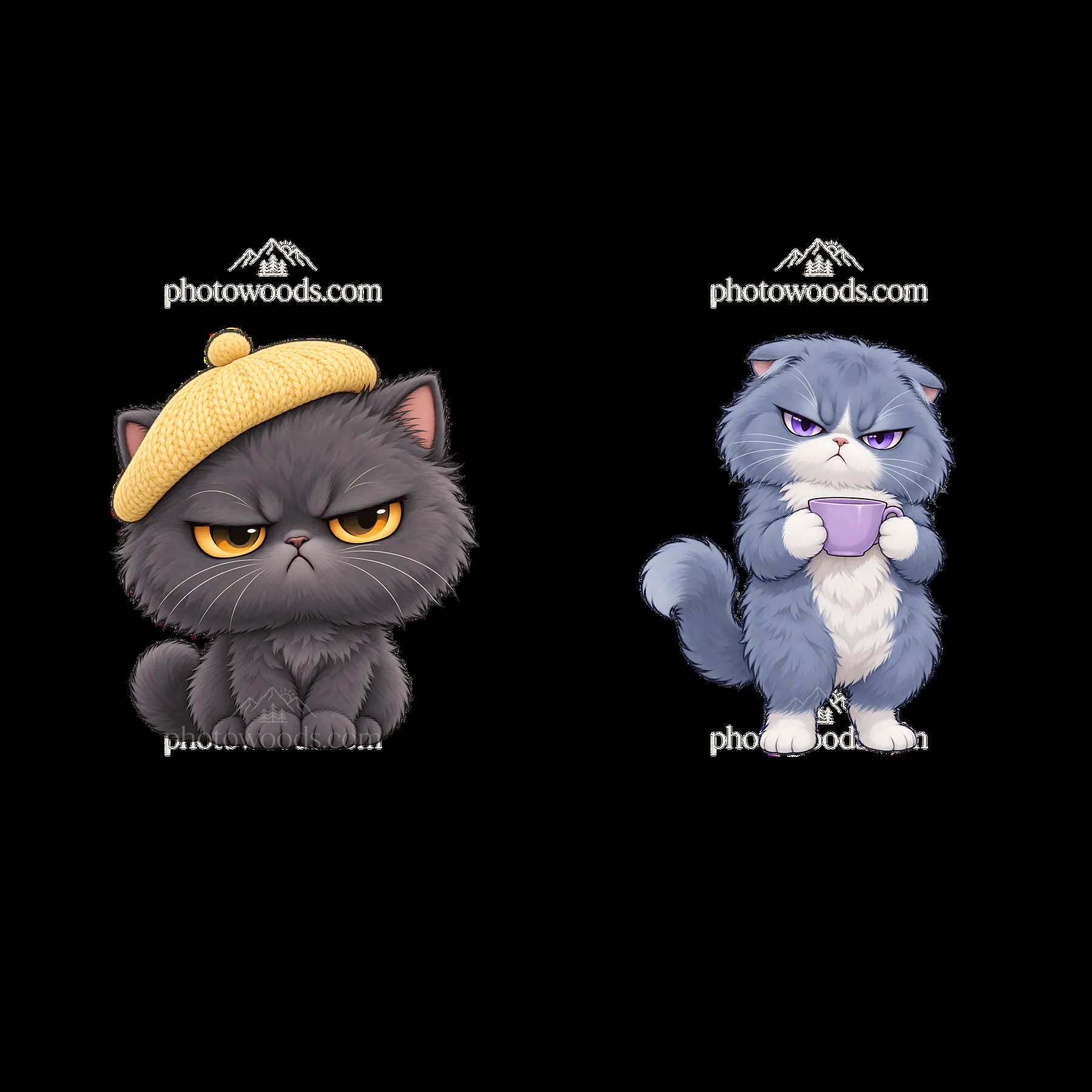 Kawaii grumpy cat duo with accessories and distinct colors - AI-generated stock image